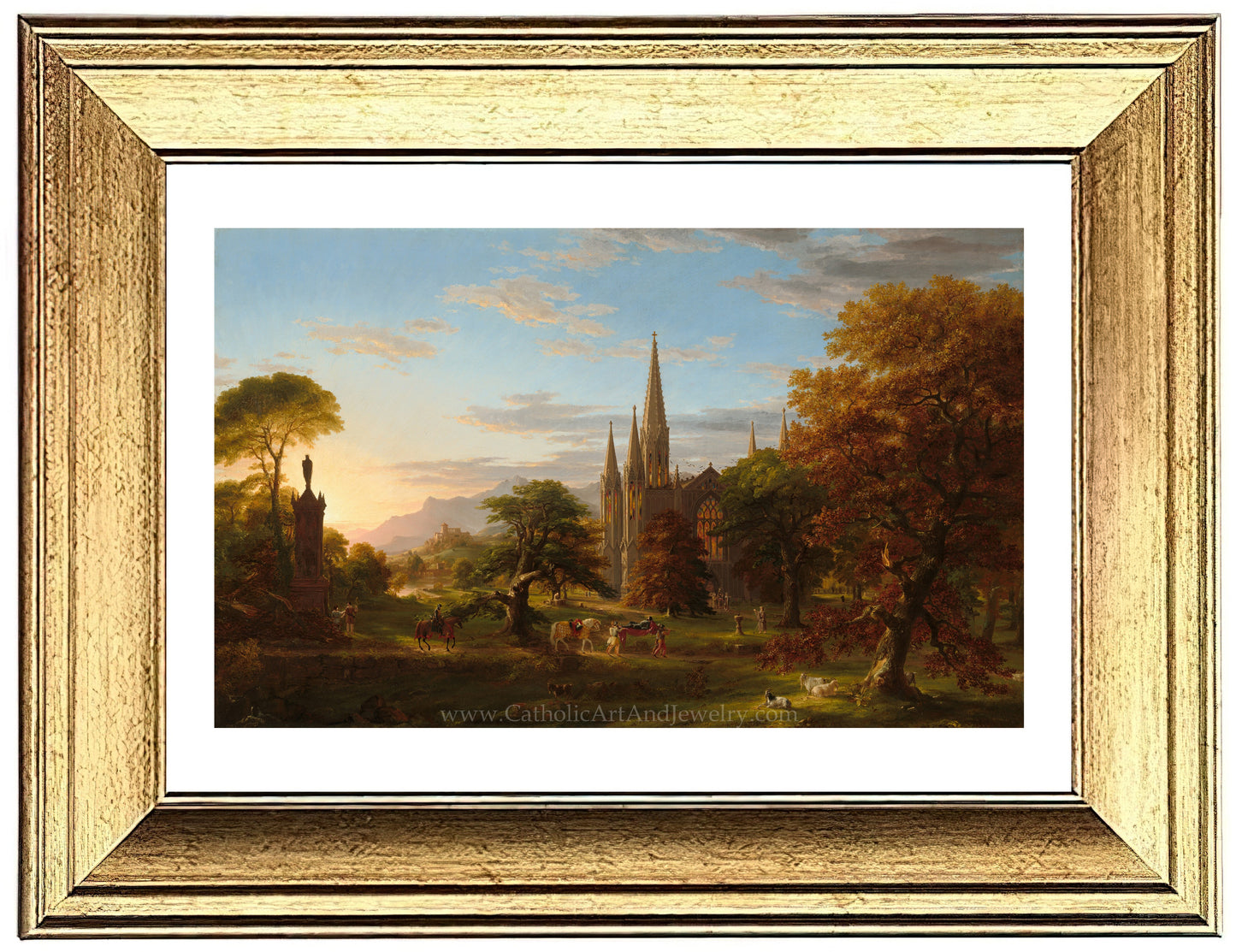 a painting of a church in a wooded area