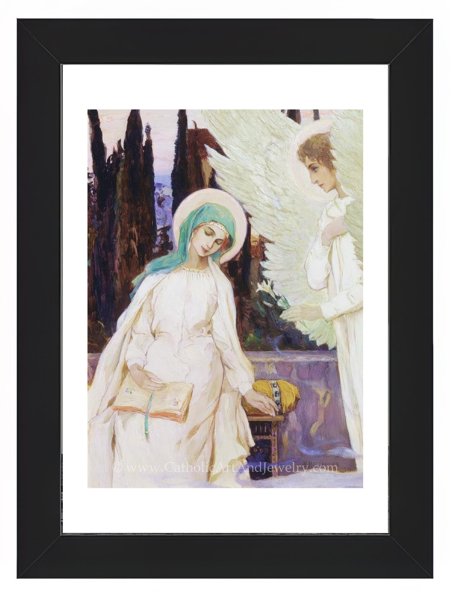 a painting of an angel standing next to a woman