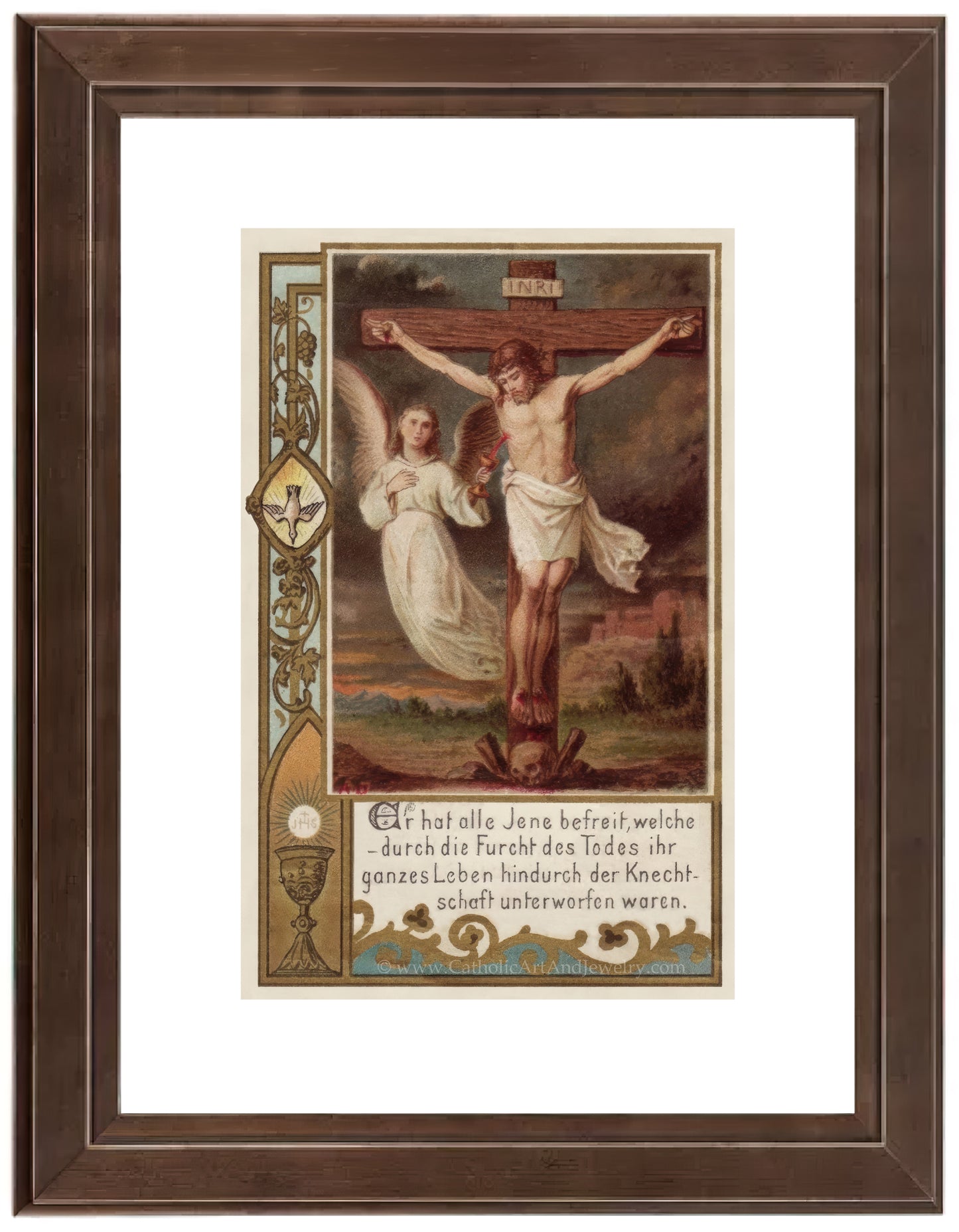 a painting of jesus on the cross with two angels