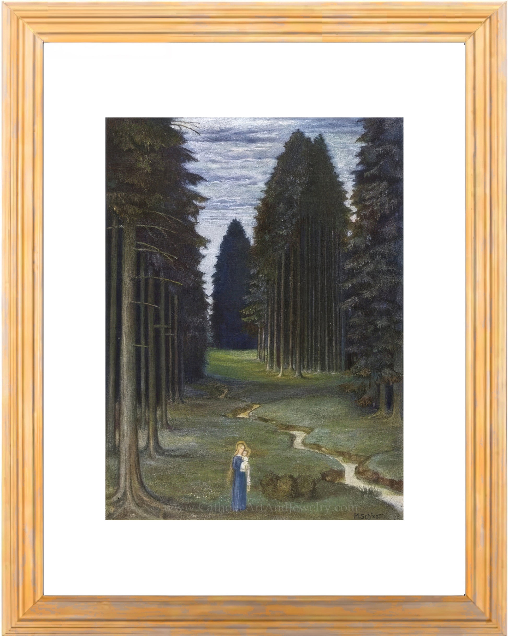 a painting of a person standing in a forest