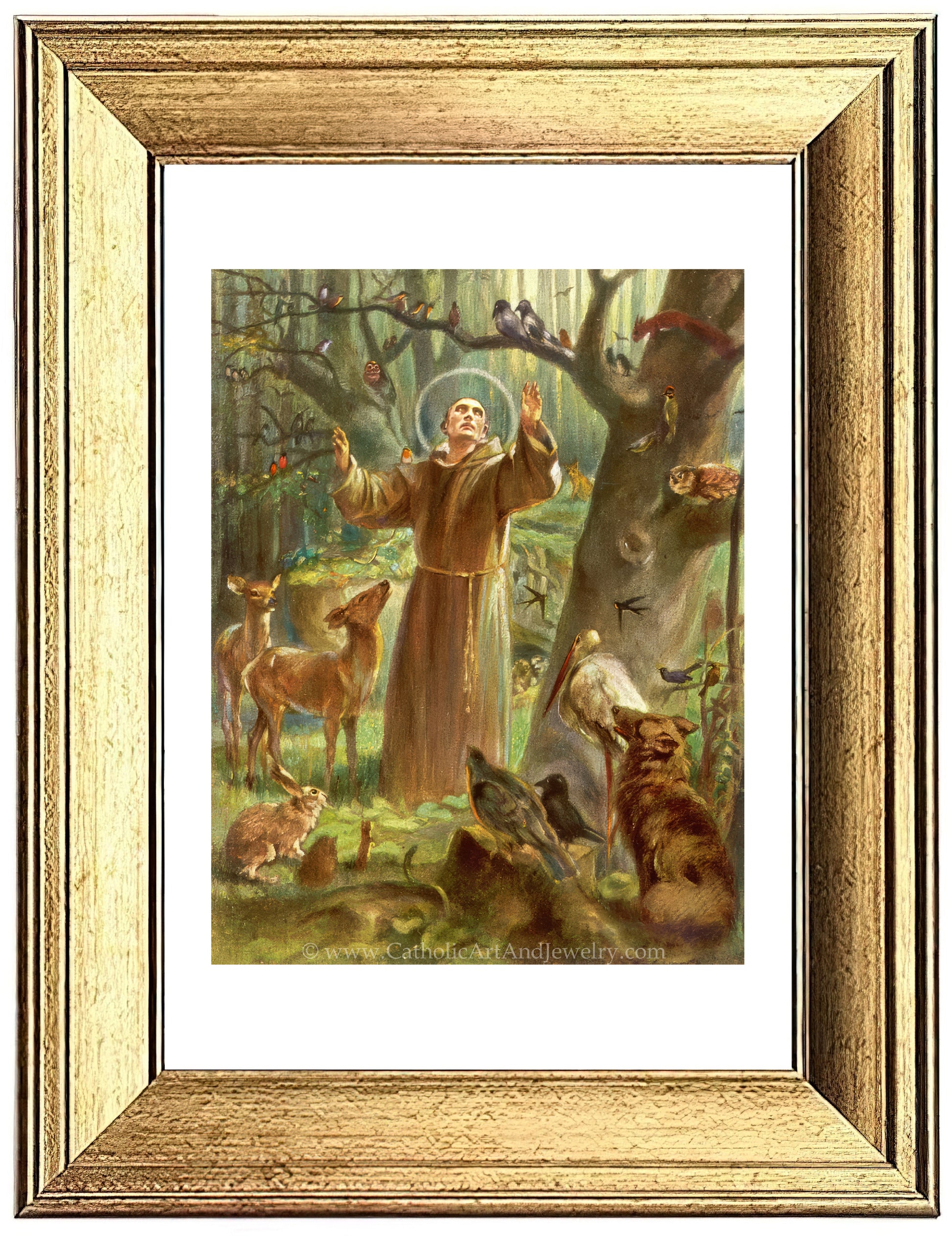 a painting of a man in a forest surrounded by animals