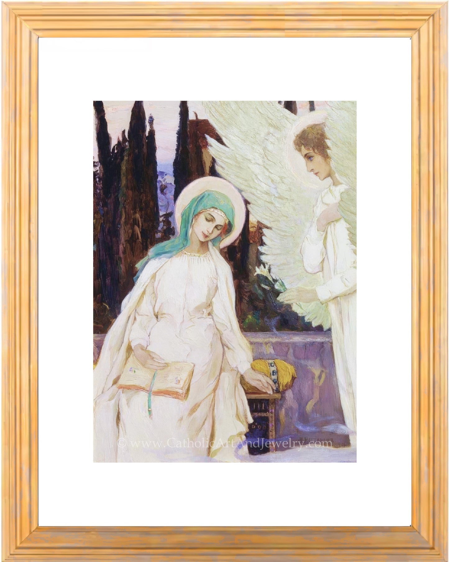 a painting of an angel standing next to a woman