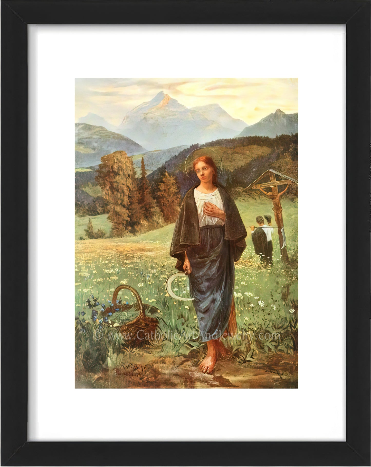 a painting of a woman standing in a field