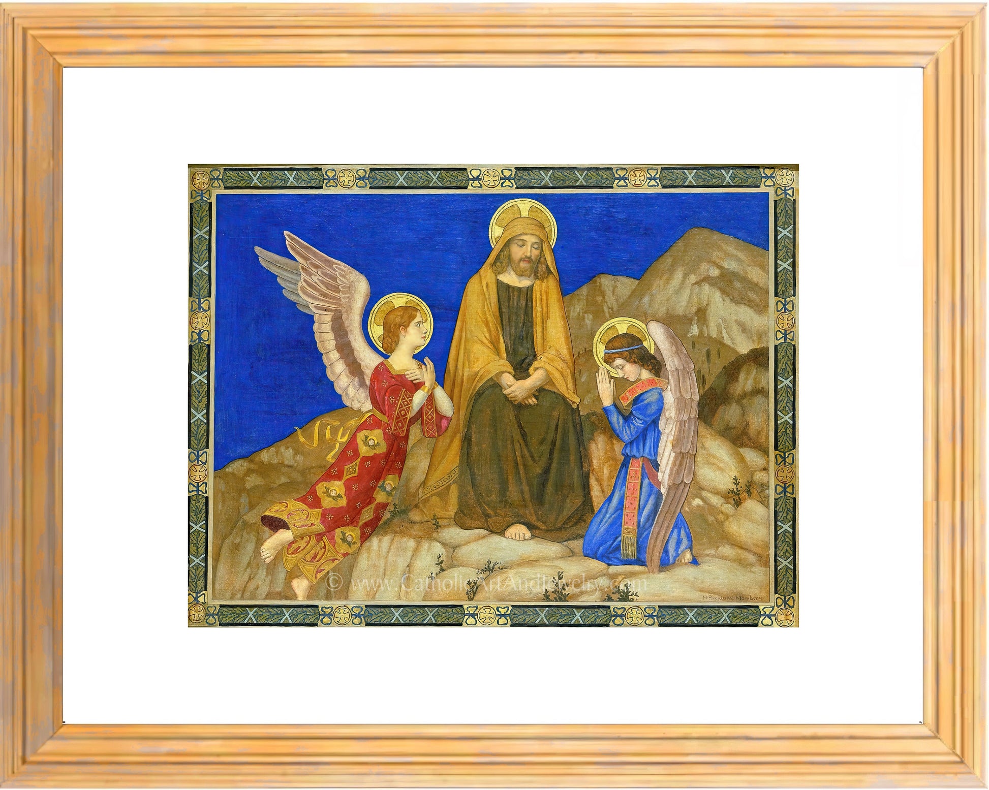 a painting of two angels sitting on a hill