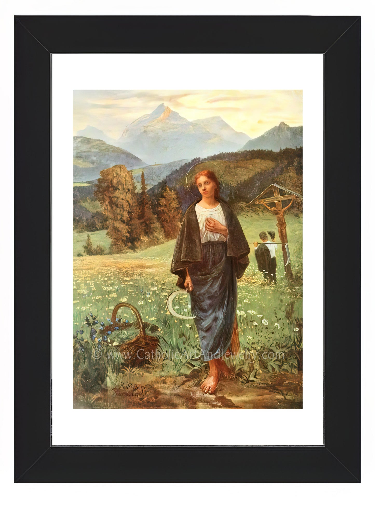 a painting of a woman standing in a field