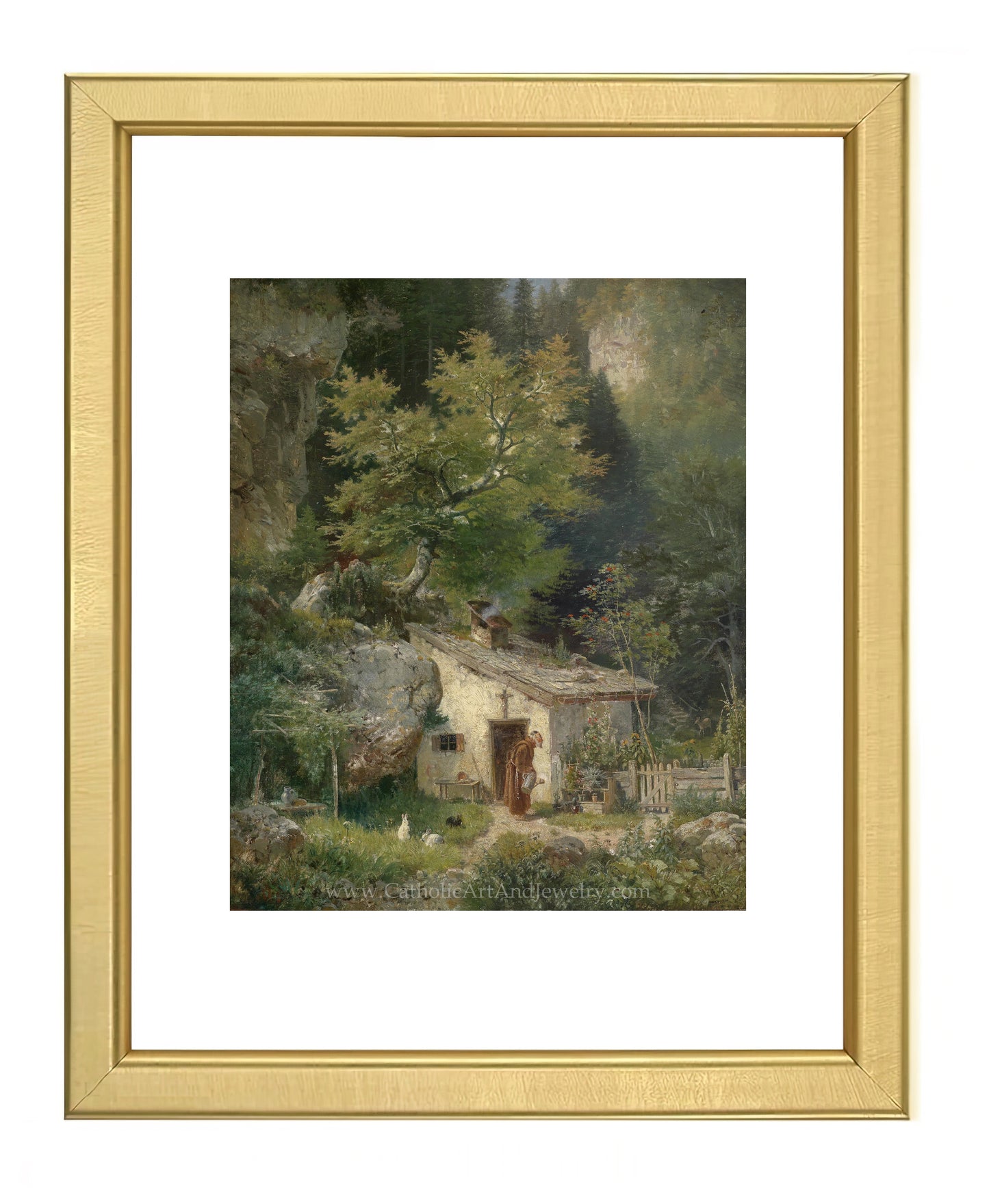 a painting of a cottage in the woods