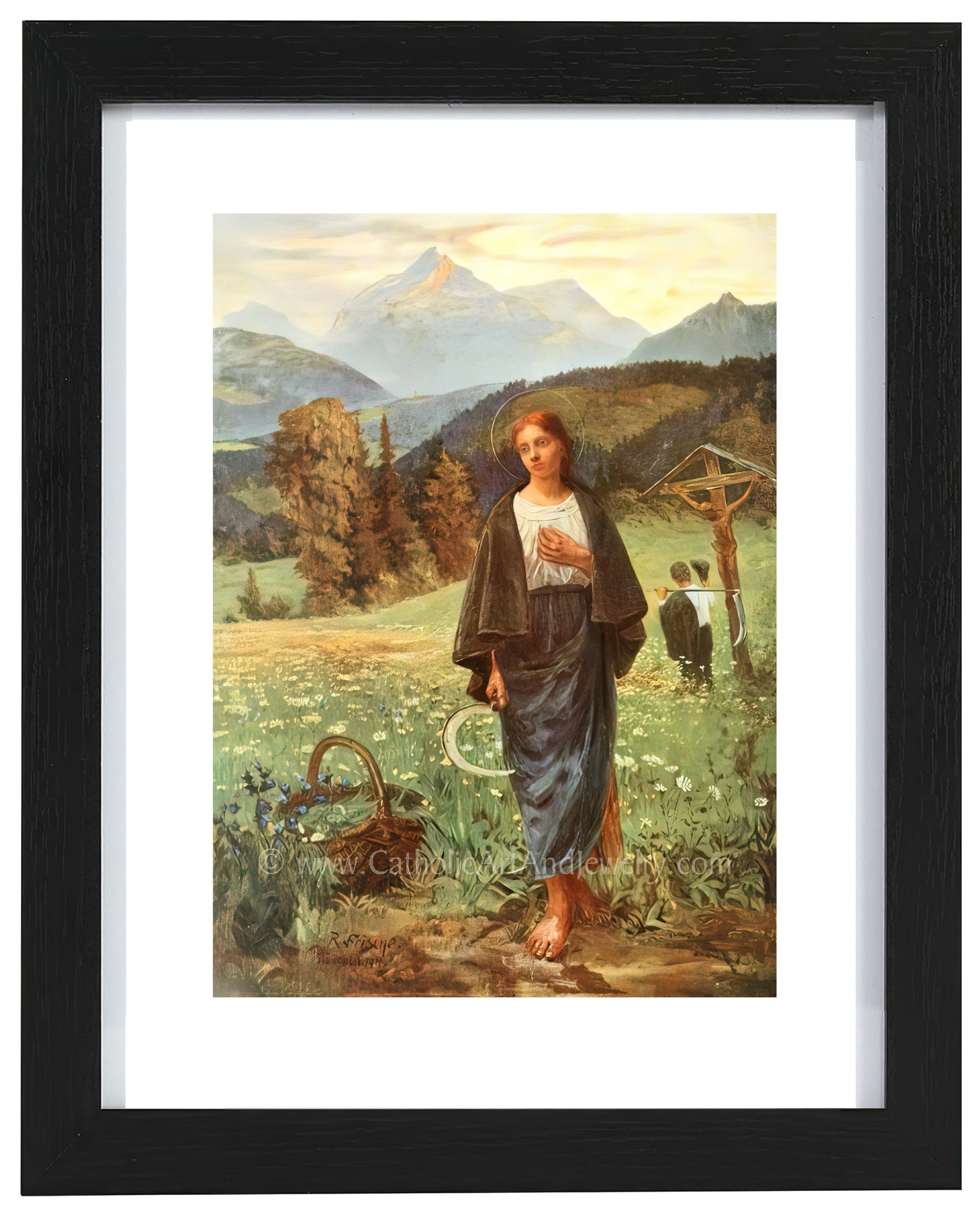 a painting of a woman standing in a field