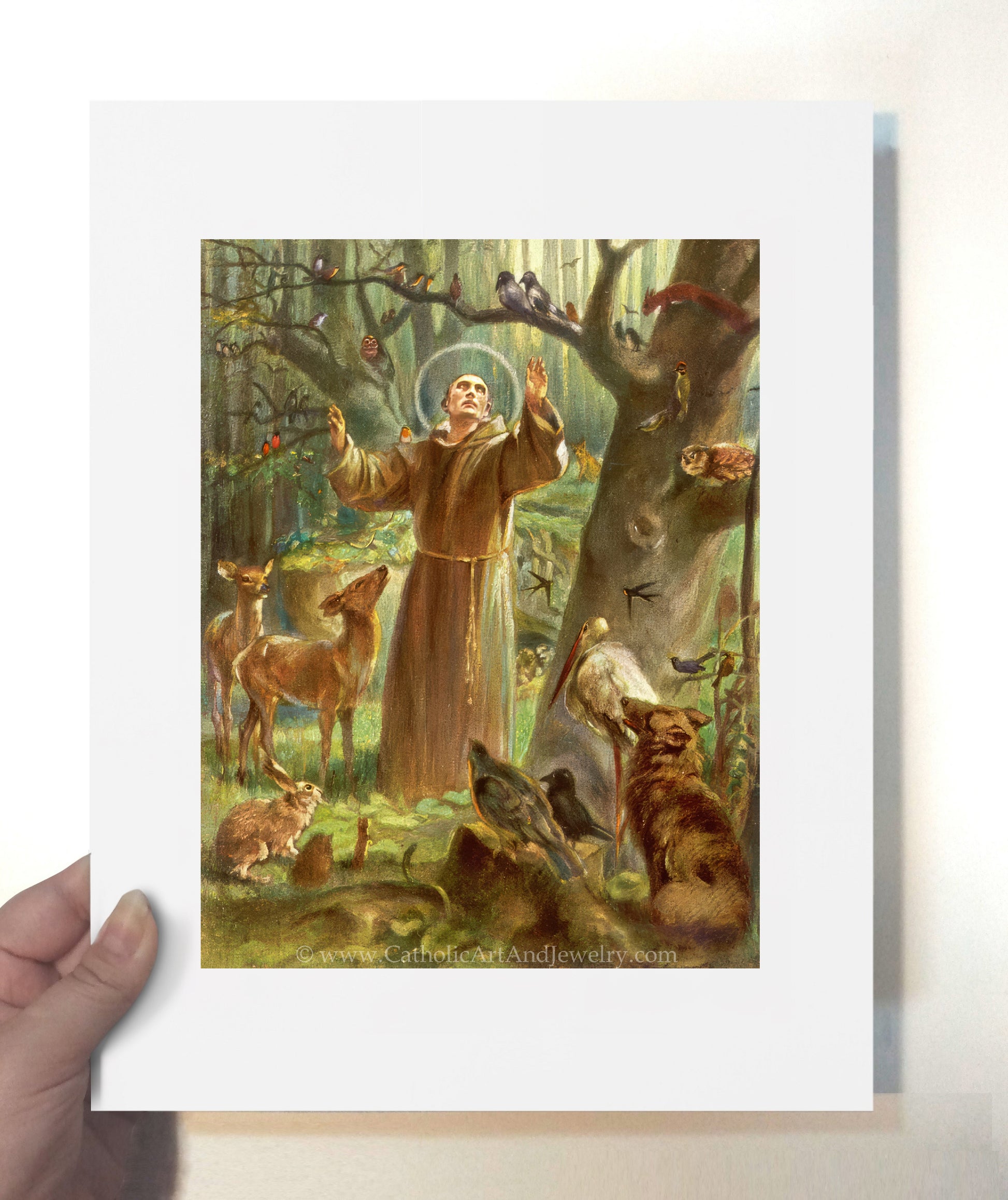 a painting of a man in a forest surrounded by animals