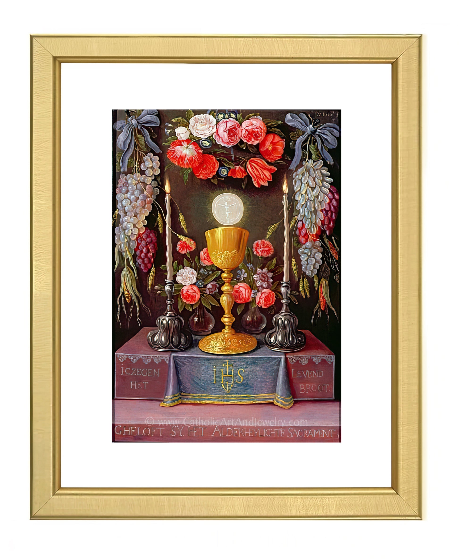 a painting of a golden chalice with flowers