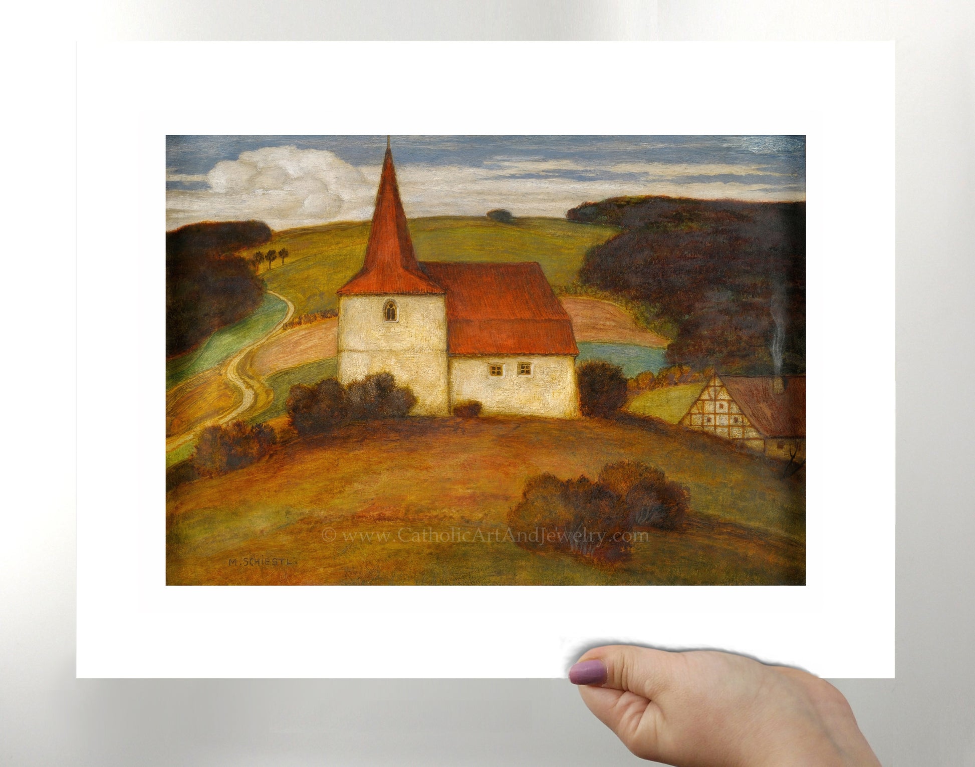 a painting of a church with a red roof