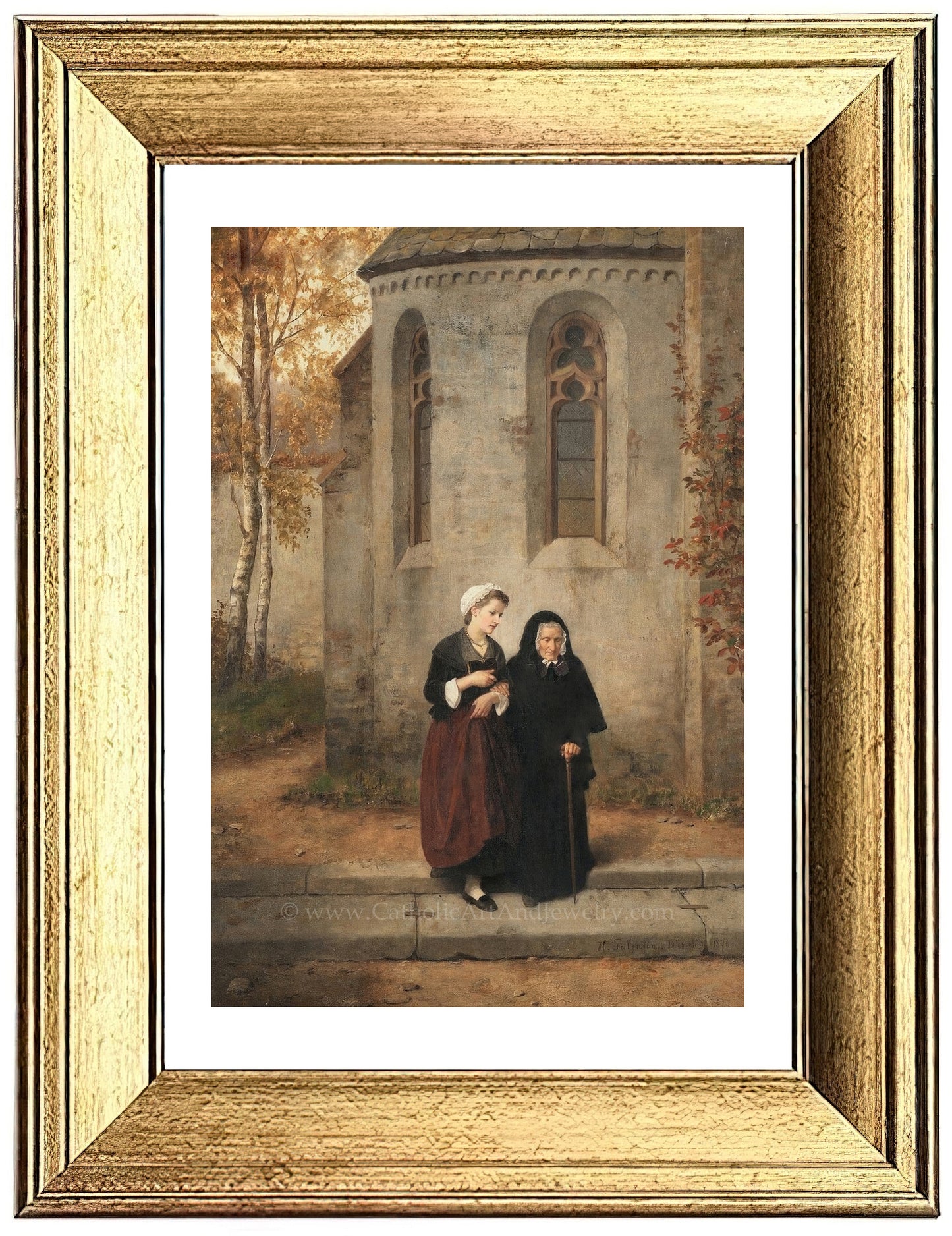 a painting of two women standing in front of a building