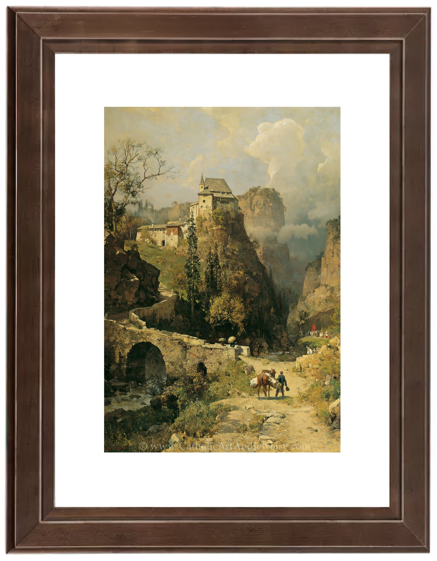 a painting of a mountain scene with a castle in the distance