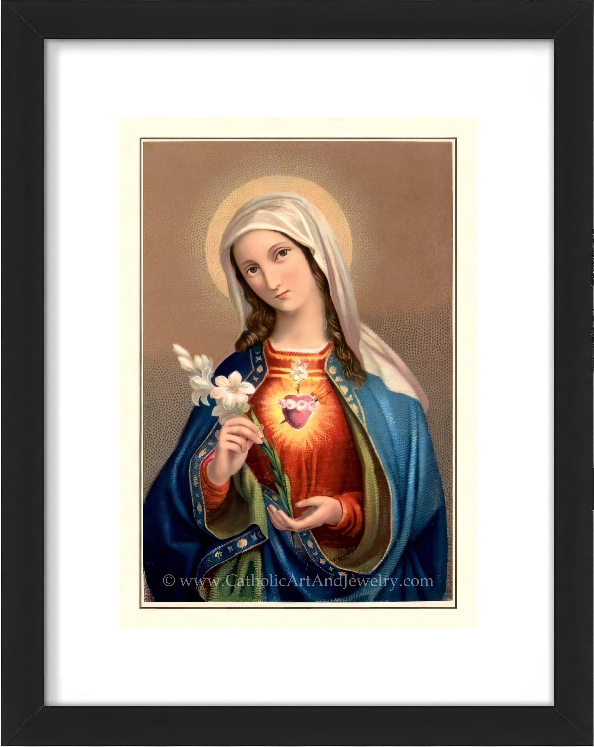 a painting of the virgin mary holding a flower