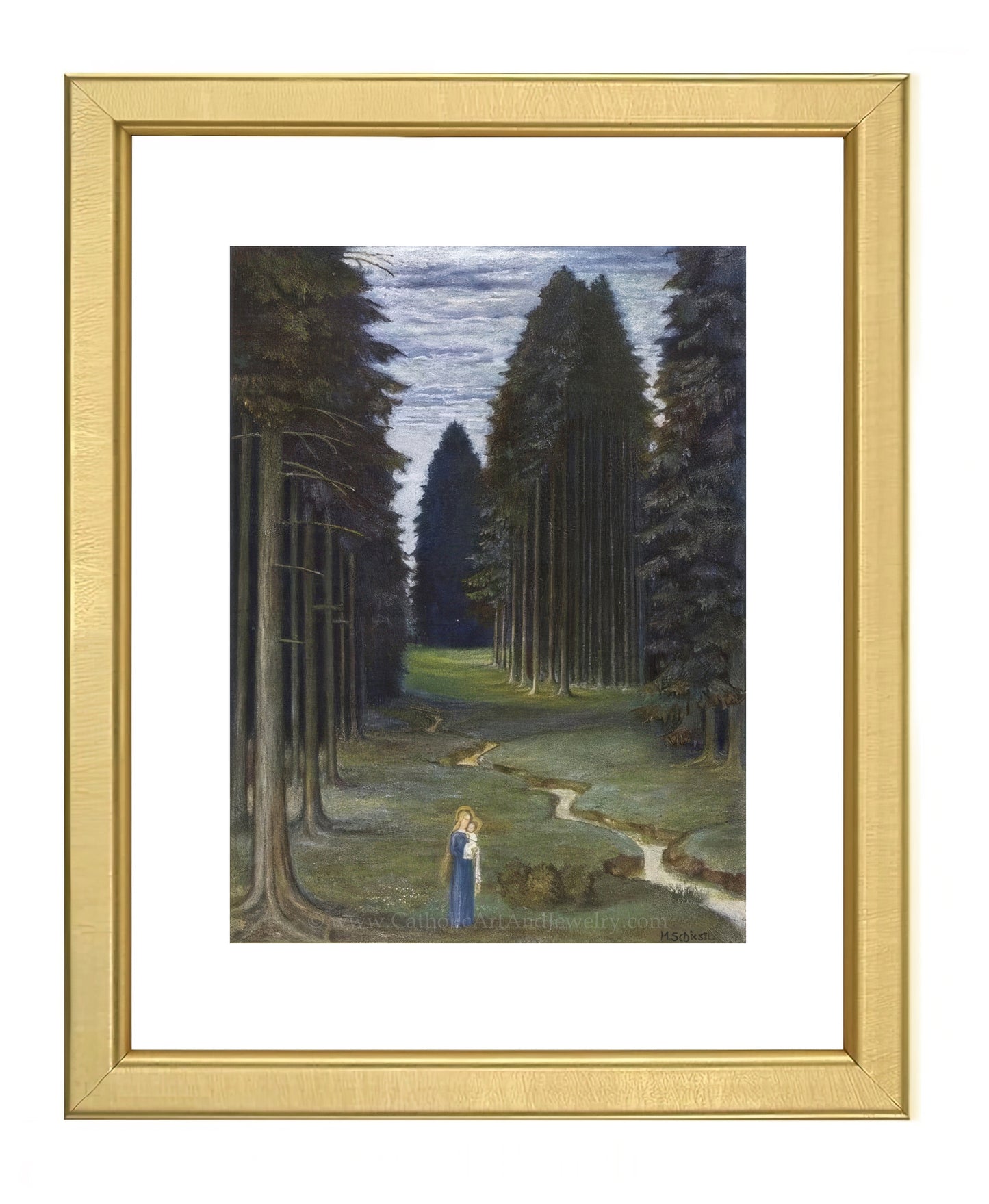 a painting of a person standing in a forest