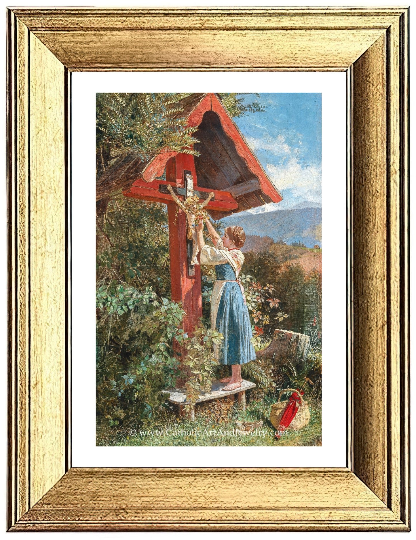 a painting of a woman holding a cross