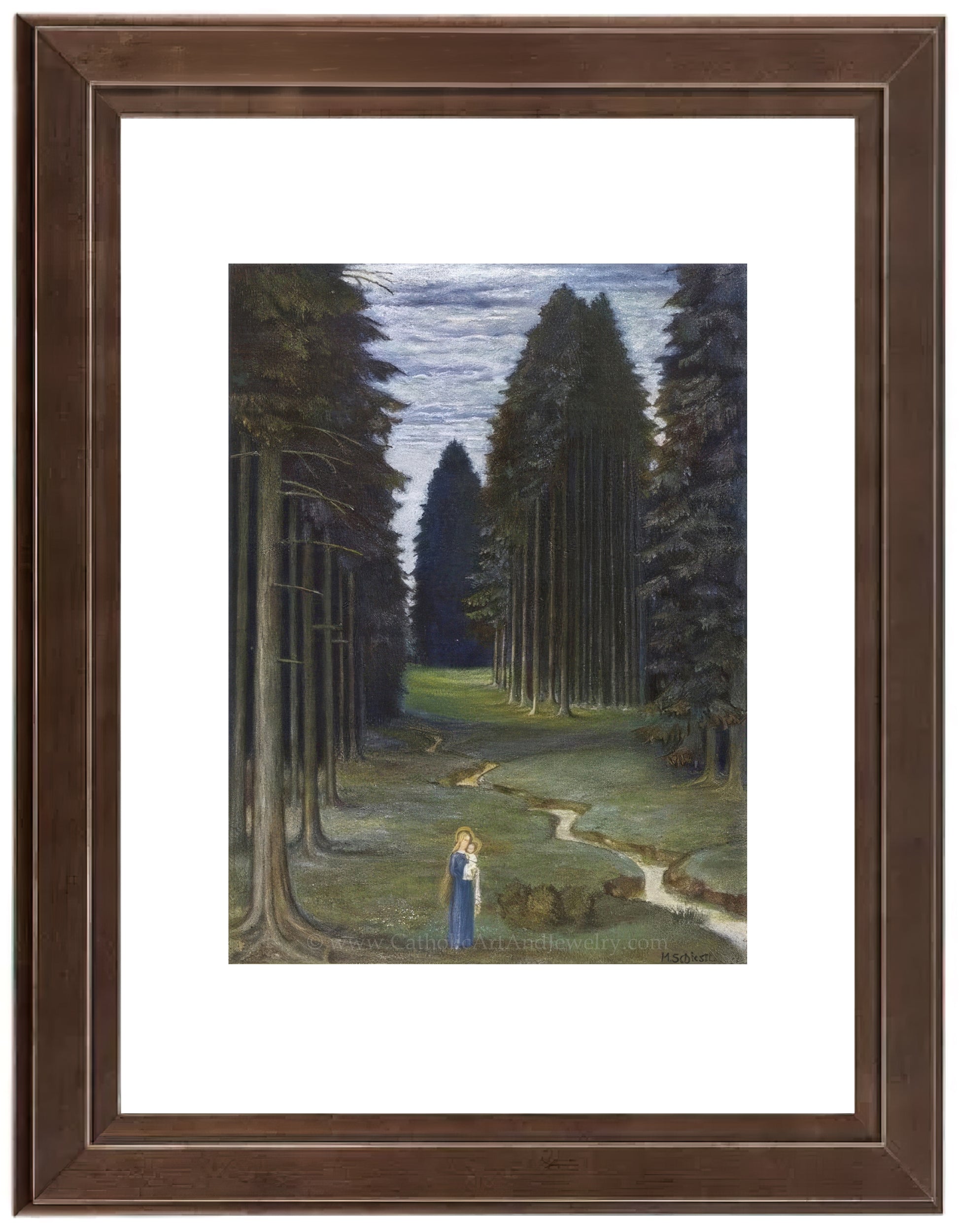 a painting of a person standing in a forest