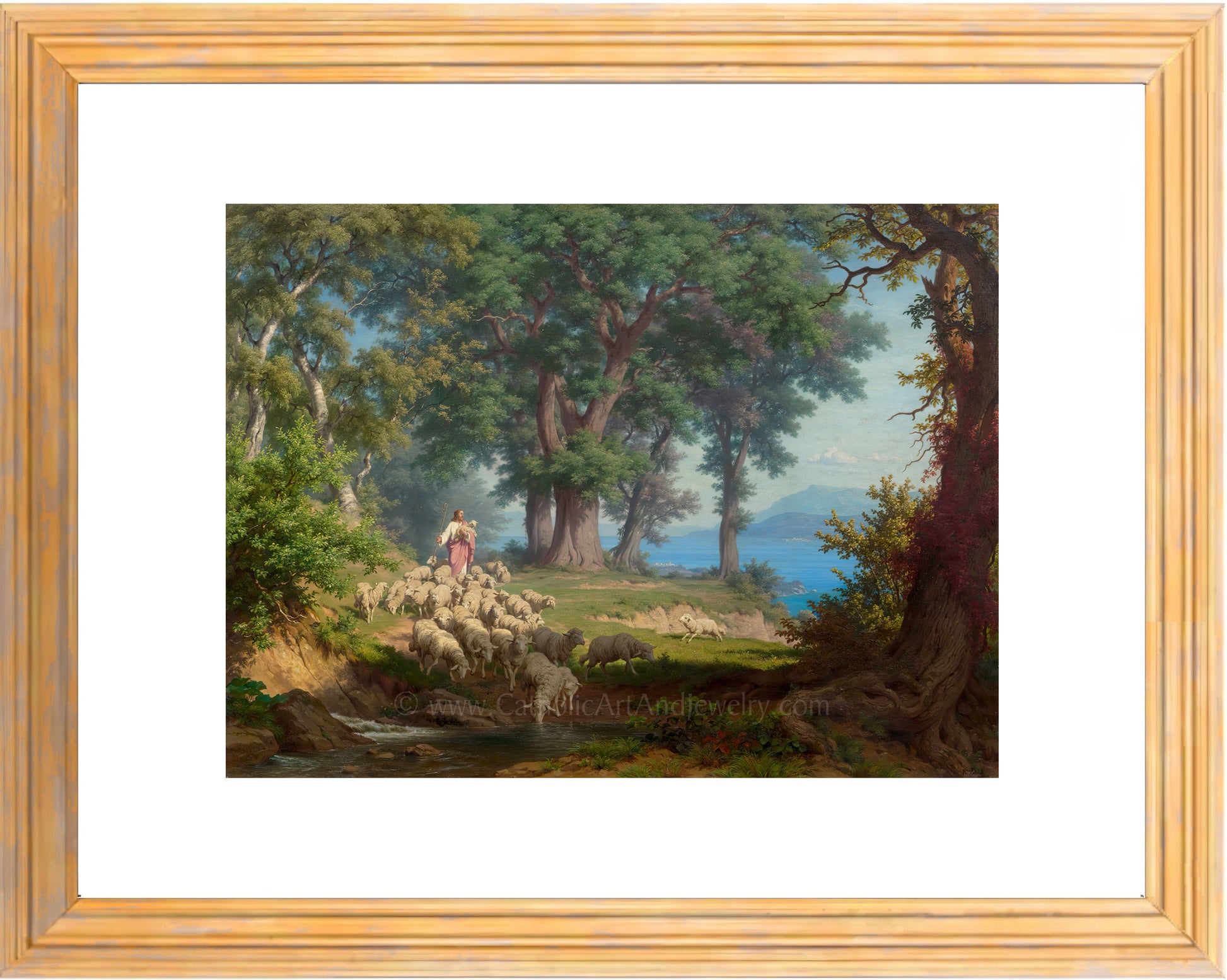 a painting of a man herding sheep in a wooded area