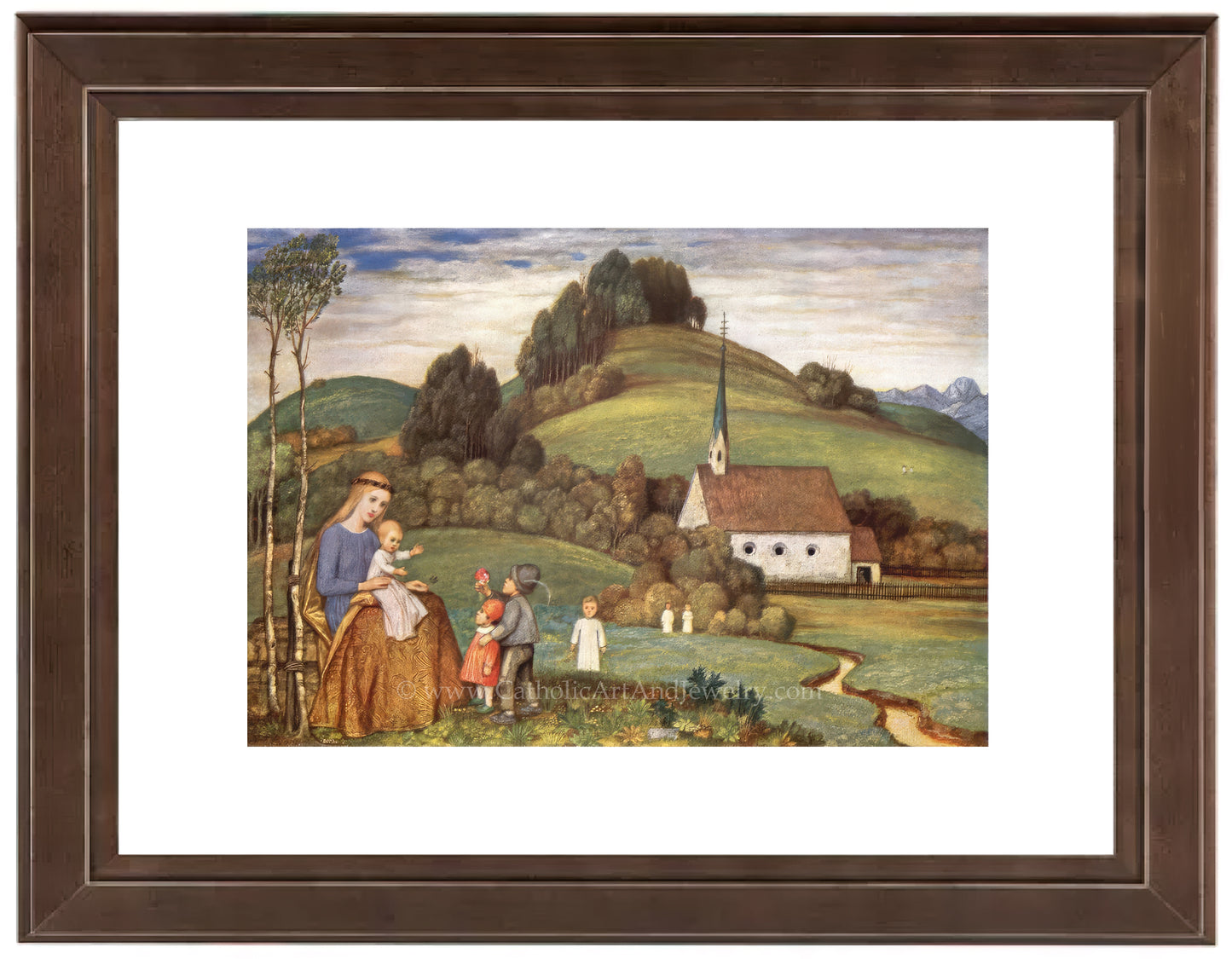 a painting of a family on a farm with a church in the background