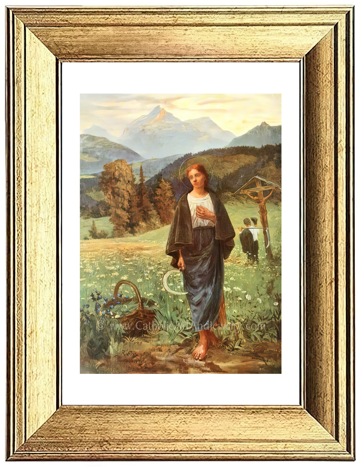 a painting of a woman standing in a field