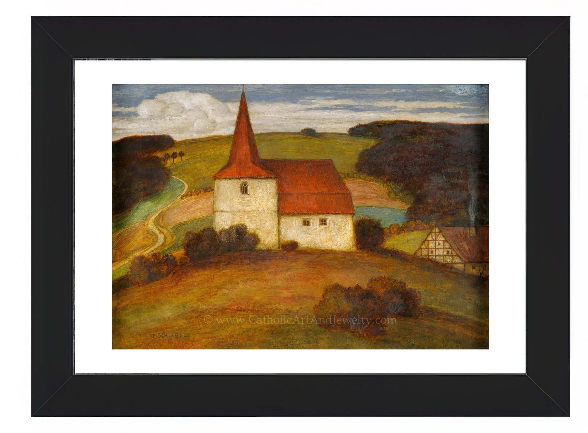 a painting of a church on a hill