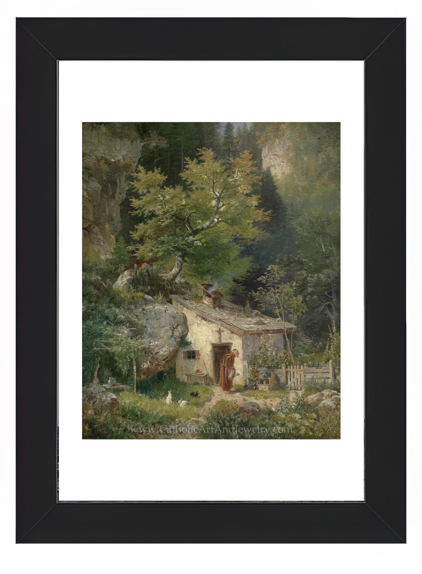 a painting of a cottage in the woods