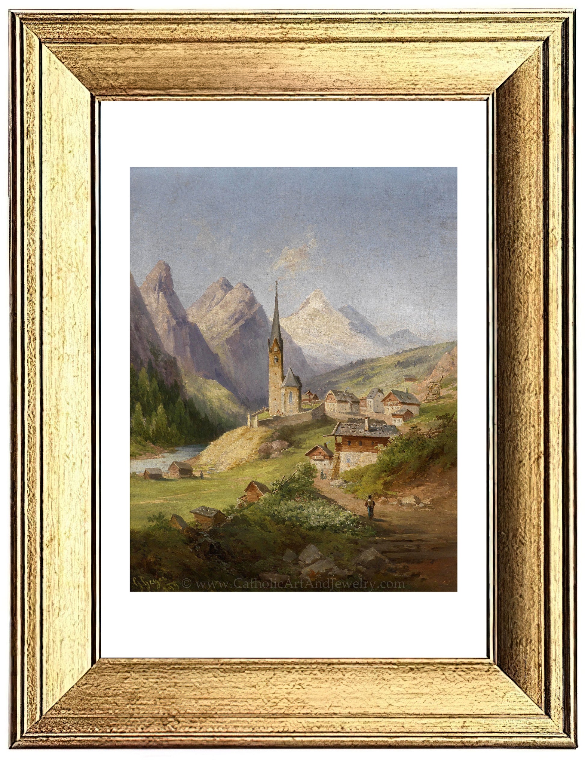 a painting of a village in the mountains