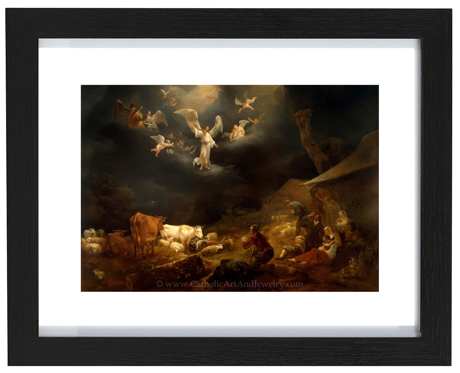 a painting of a nativity scene with angels and sheep