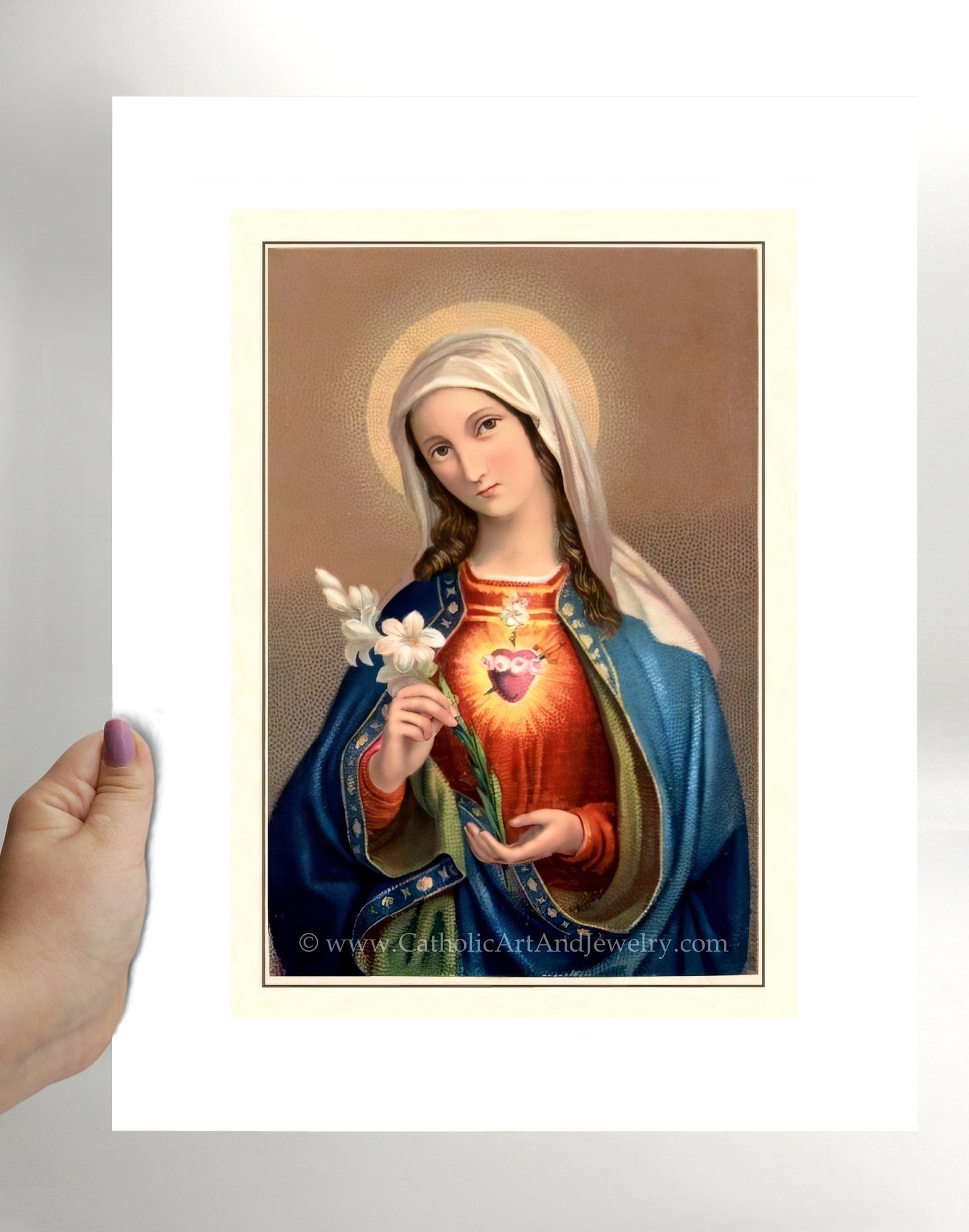 a painting of the virgin mary holding a flower