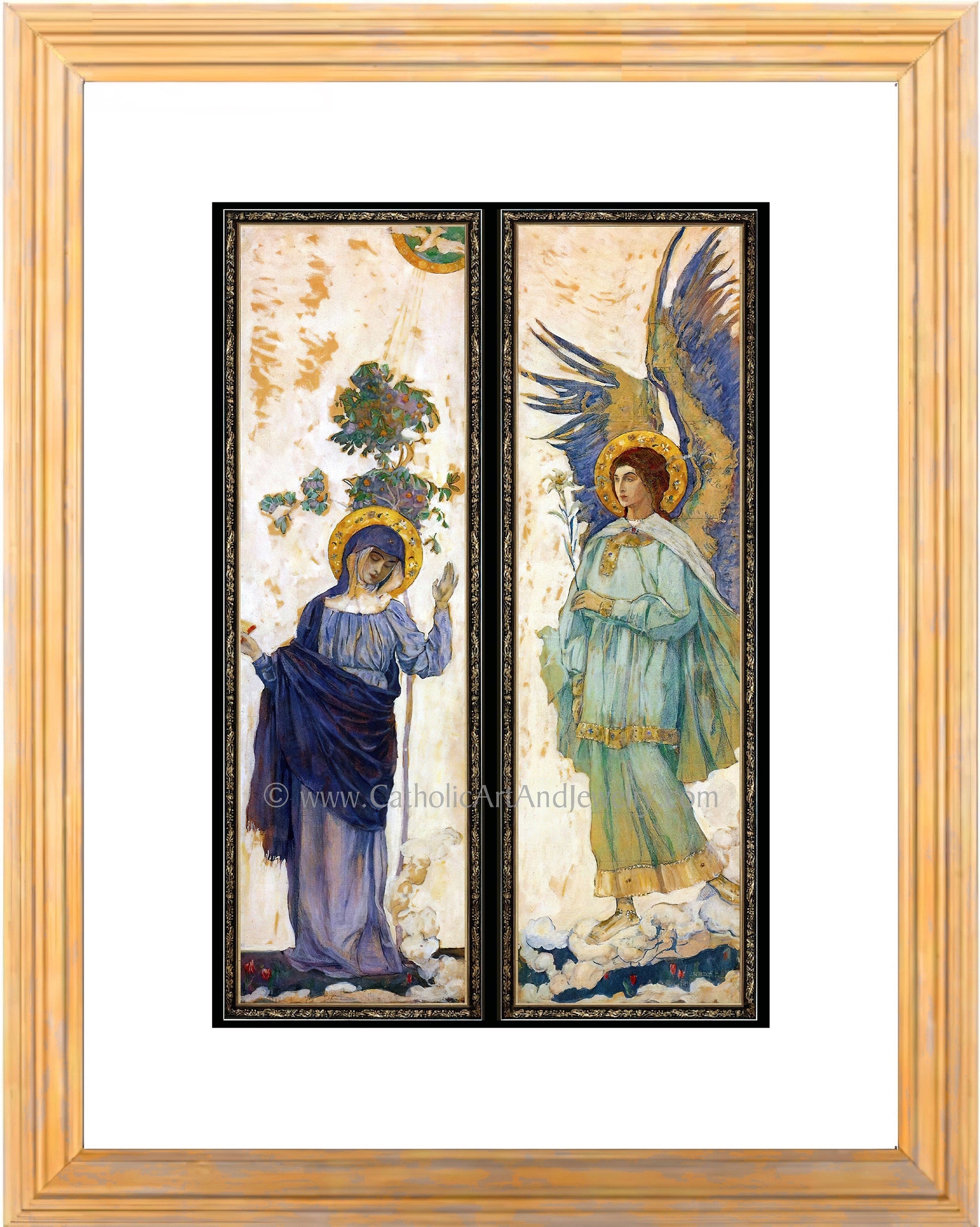 a painting of two angels in a gold frame