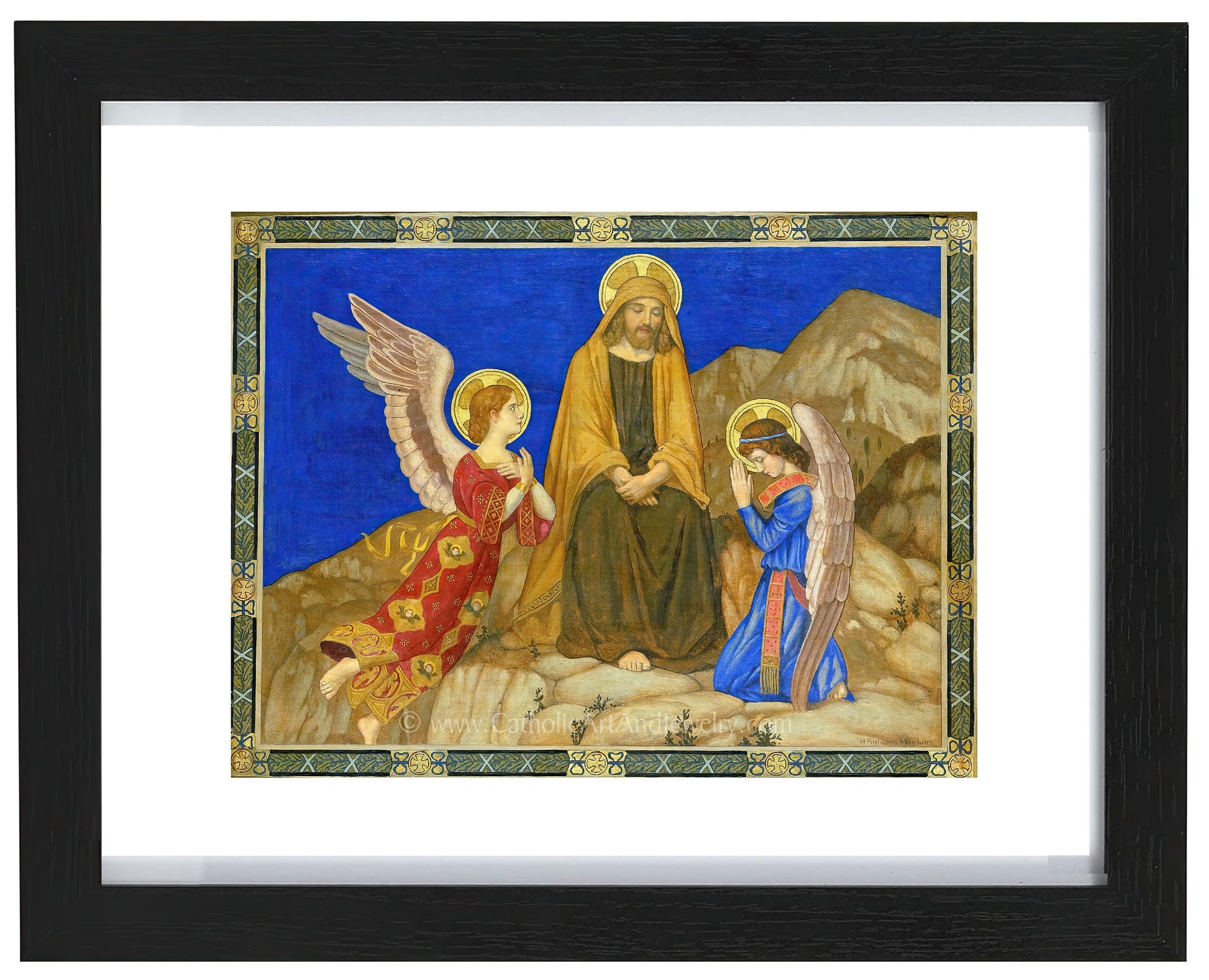 a painting of an angel with two children