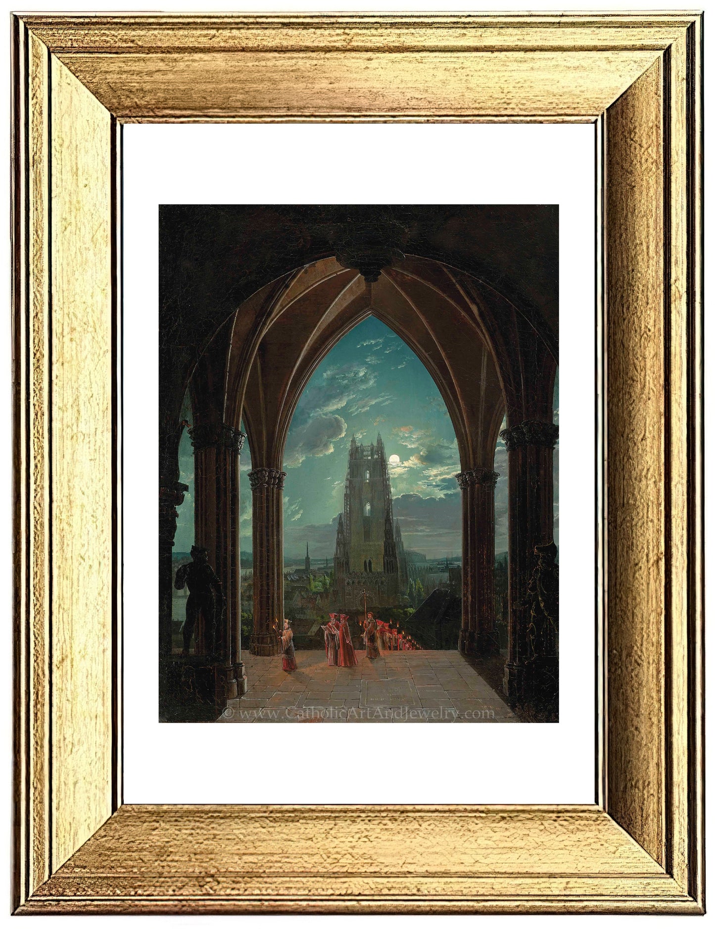 a painting of a cathedral with a clock tower in the background