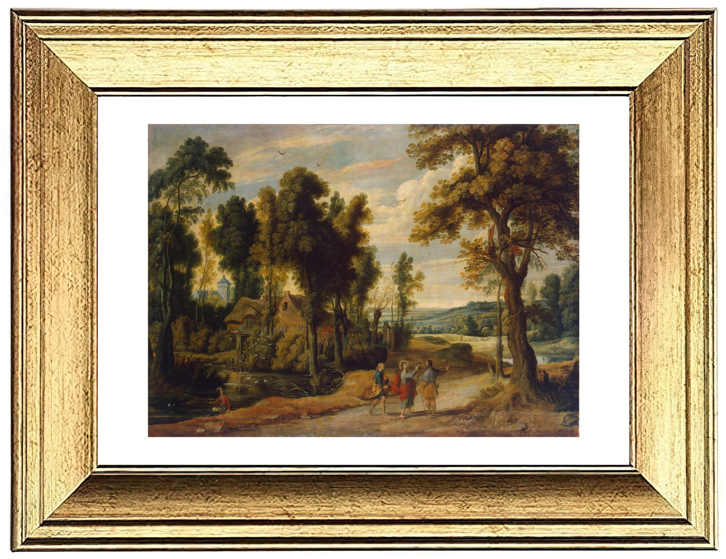 a painting of a wooded scene with people and animals