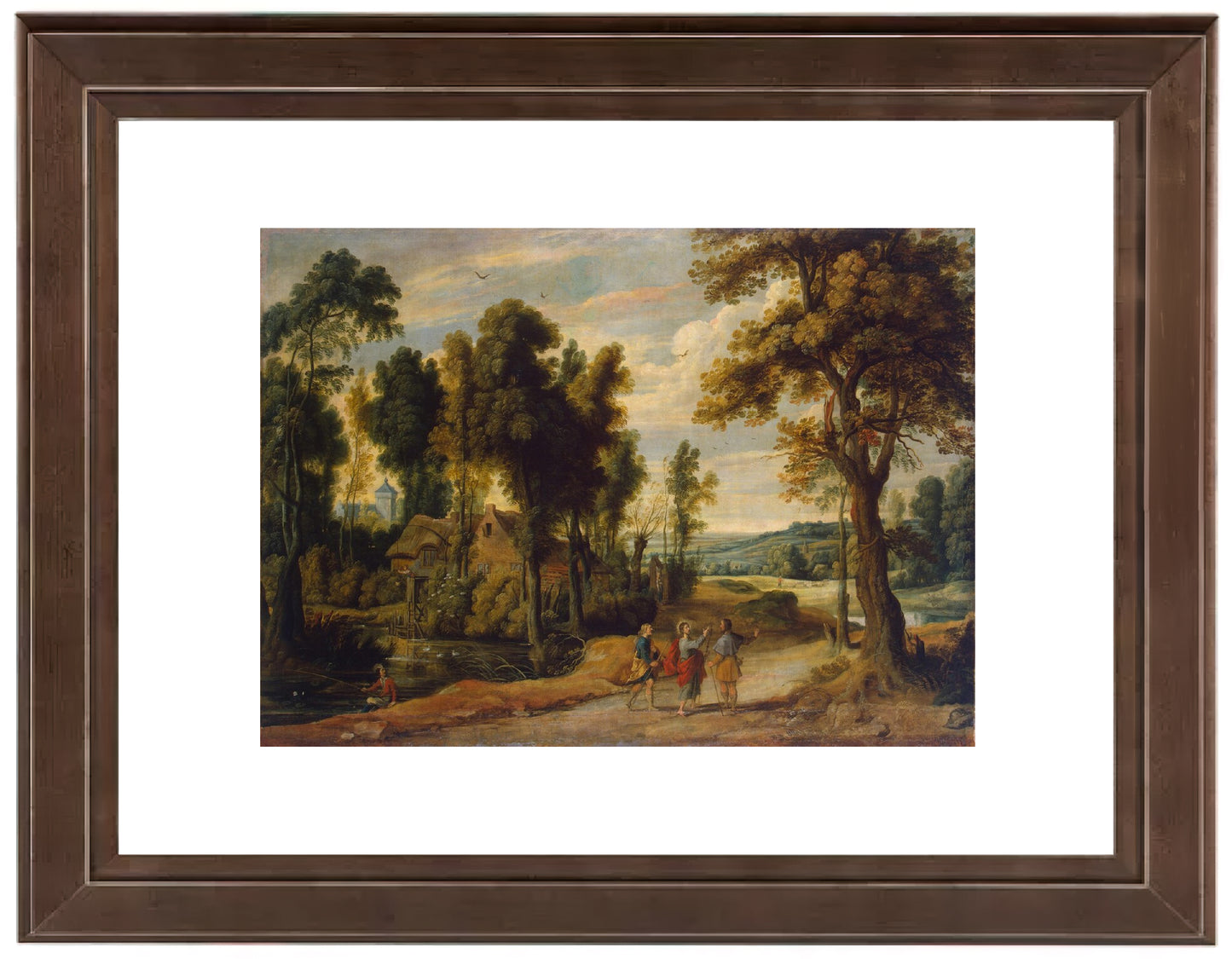 a painting of a wooded landscape with people and animals