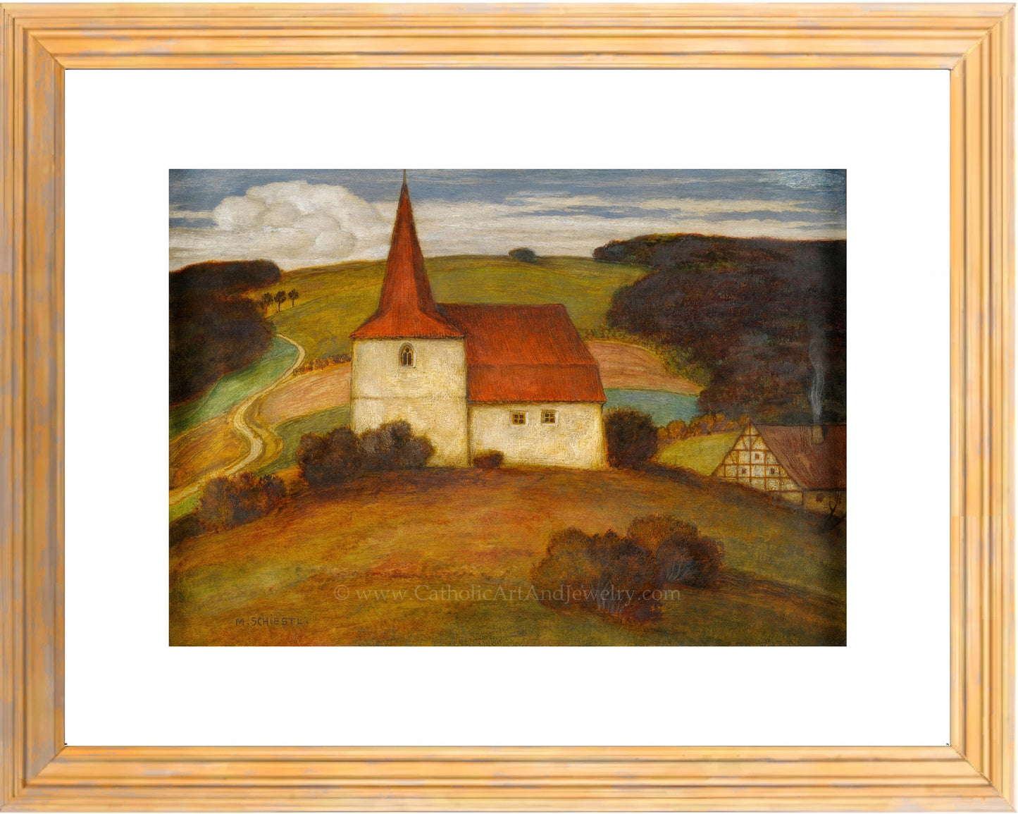 a painting of a church on a hill