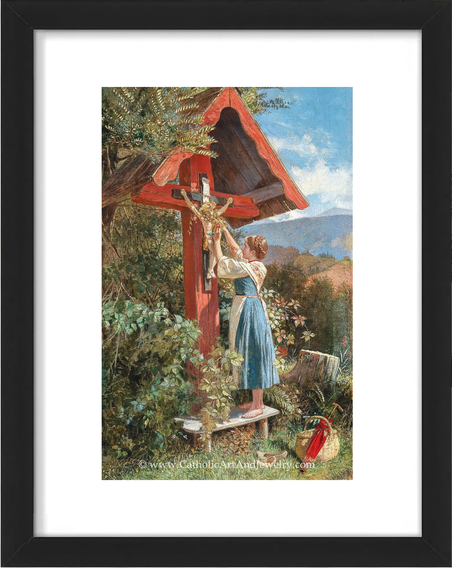 a painting of a woman holding a cross