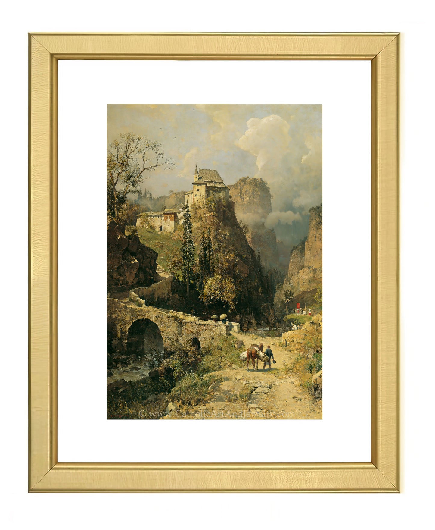 a painting of a mountain scene with a castle in the background