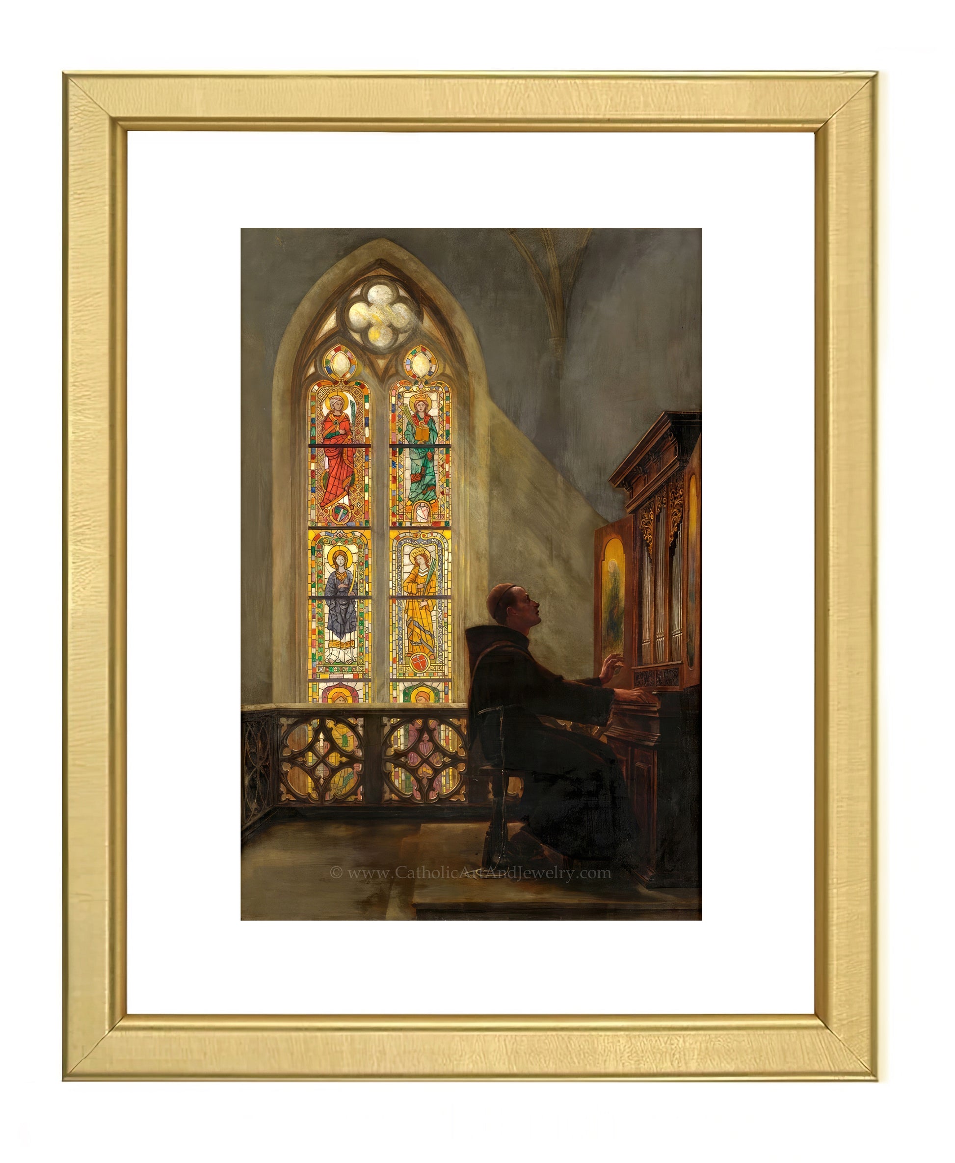 a painting of a man sitting in front of a stained glass window