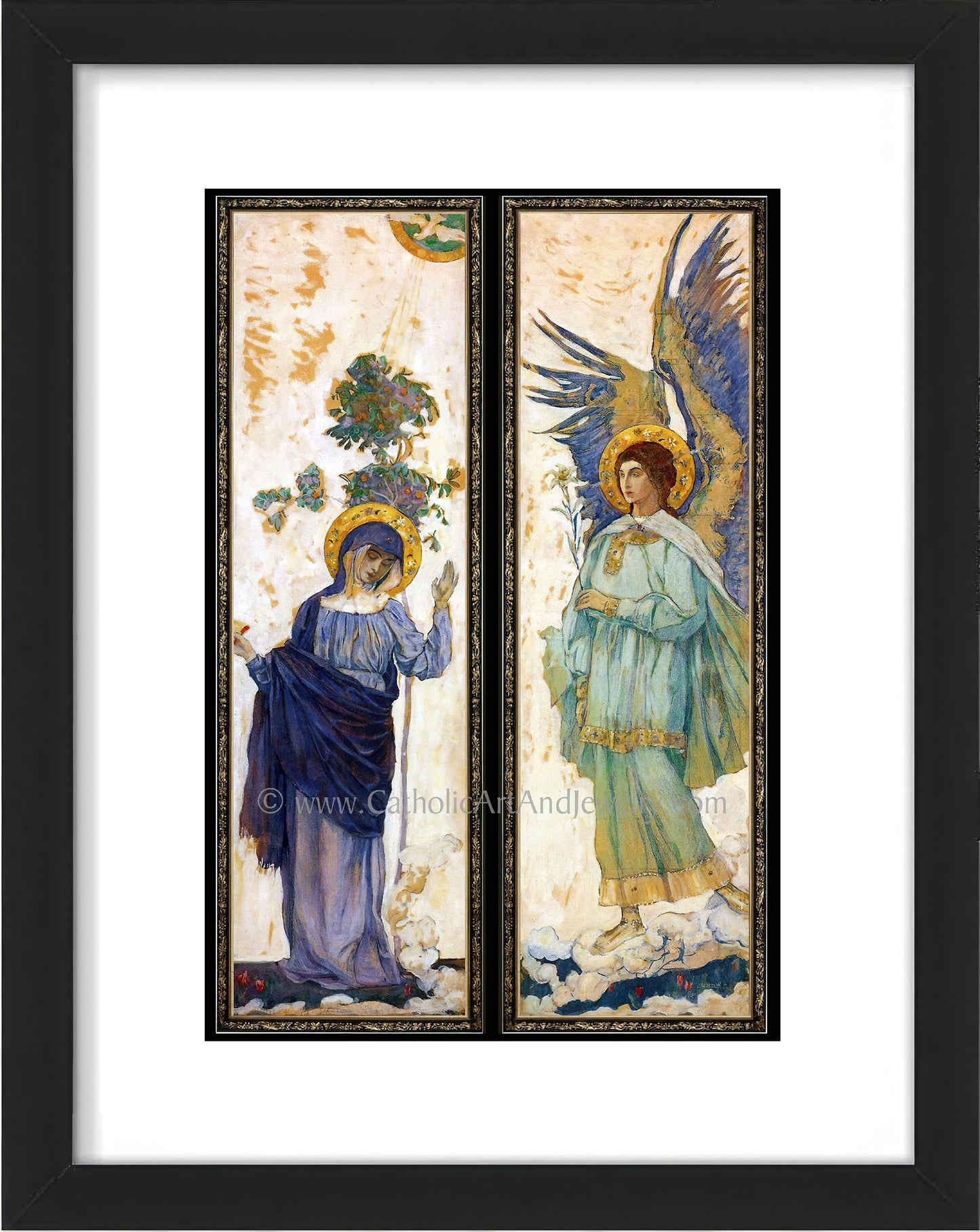 a painting of two angels holding flowers