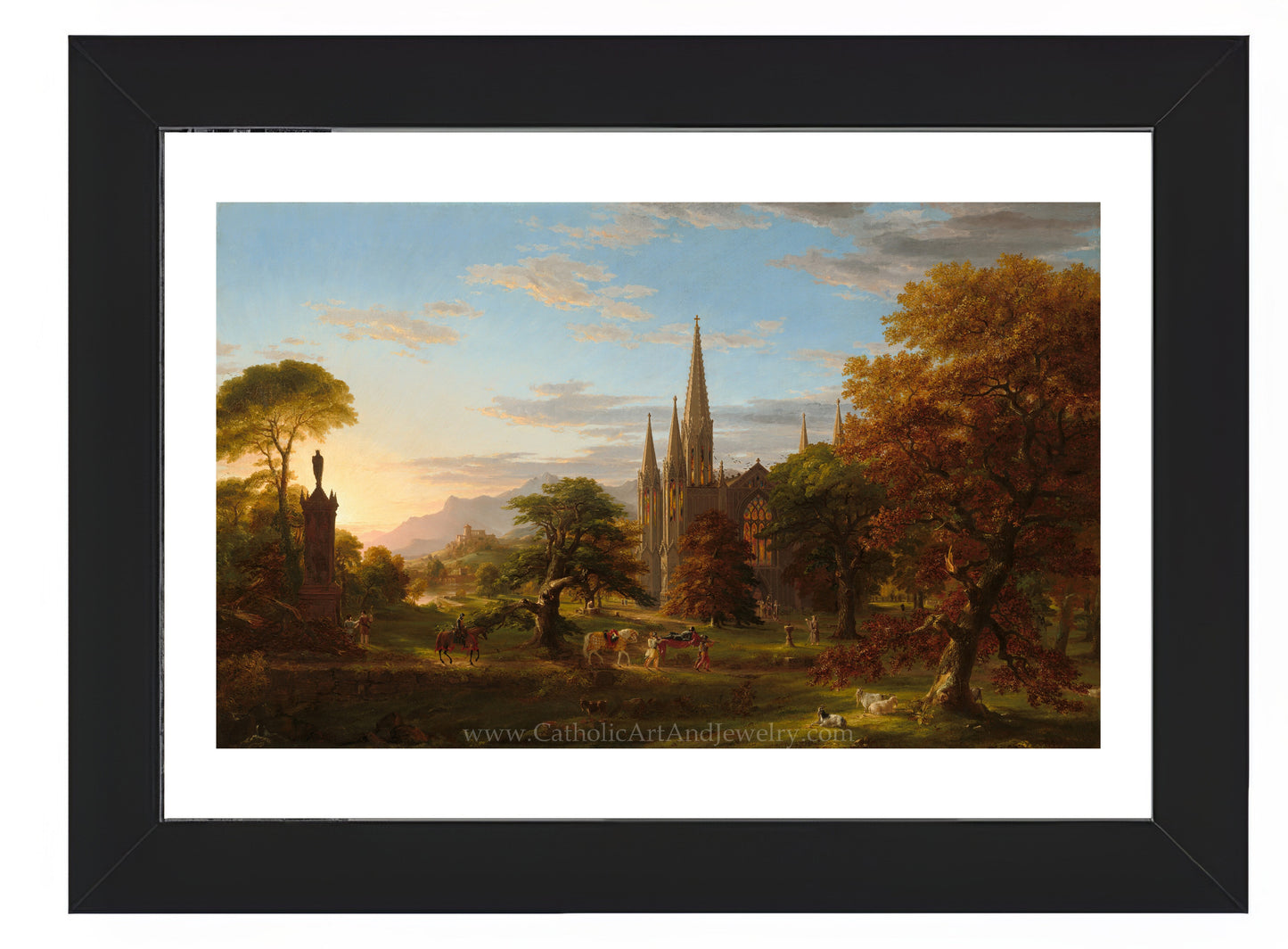 a painting of a landscape with a church in the background