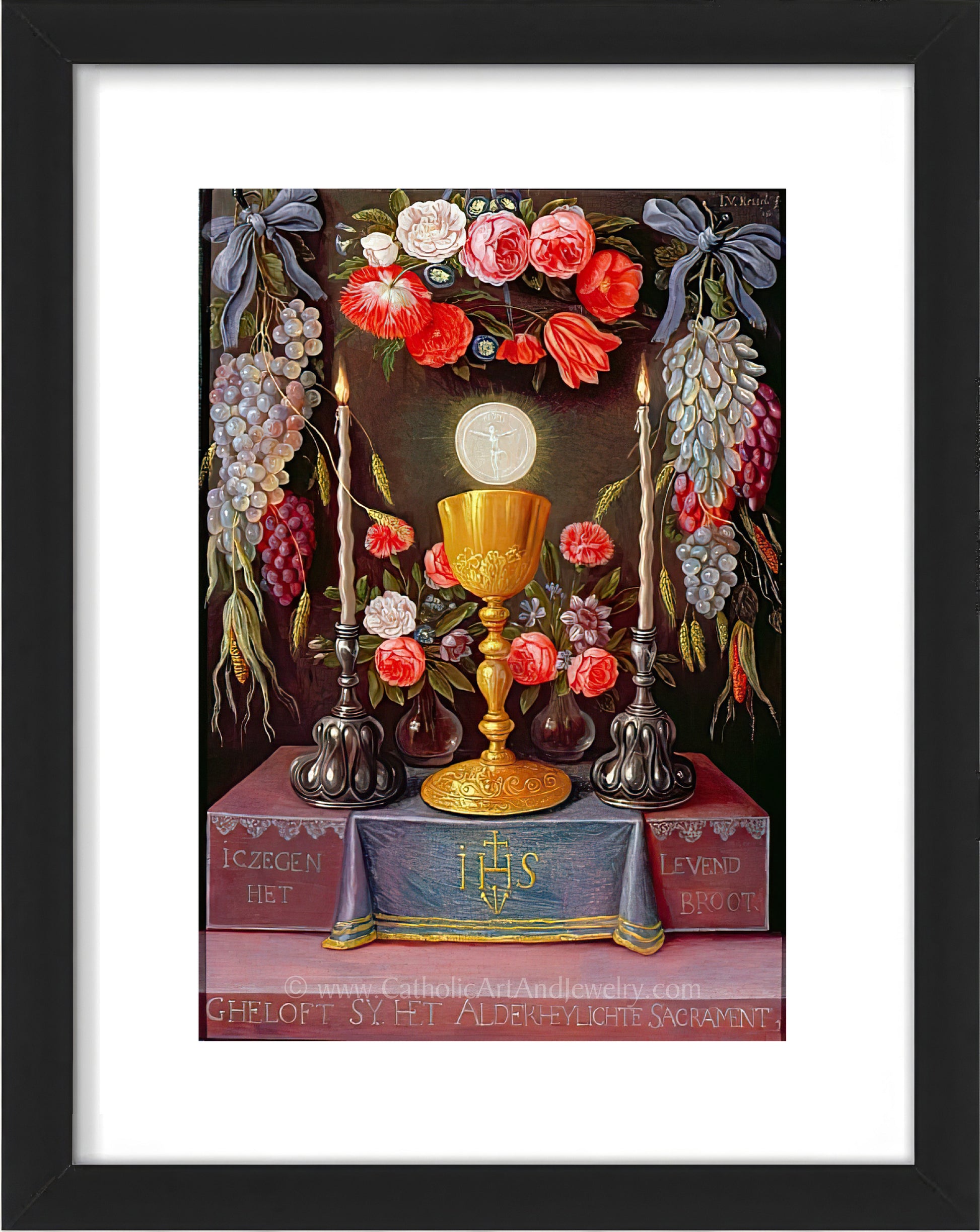 a painting of a golden chalice surrounded by flowers