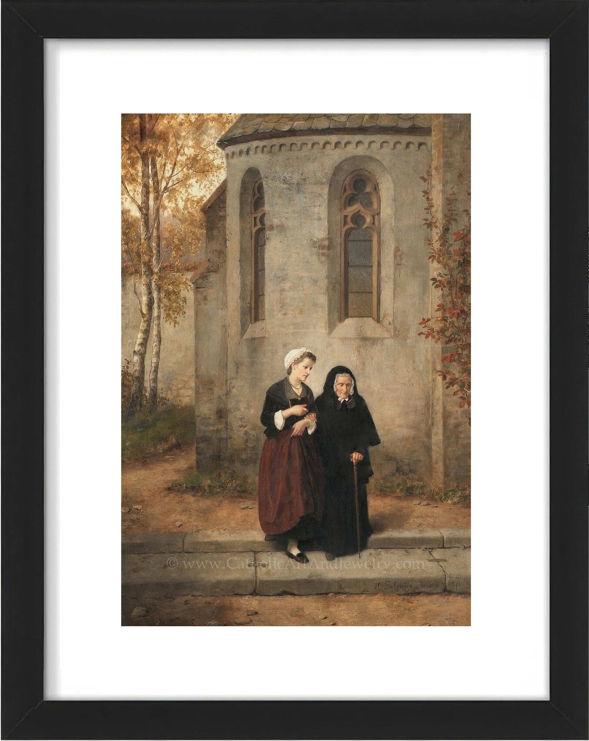 a painting of two women standing in front of a building