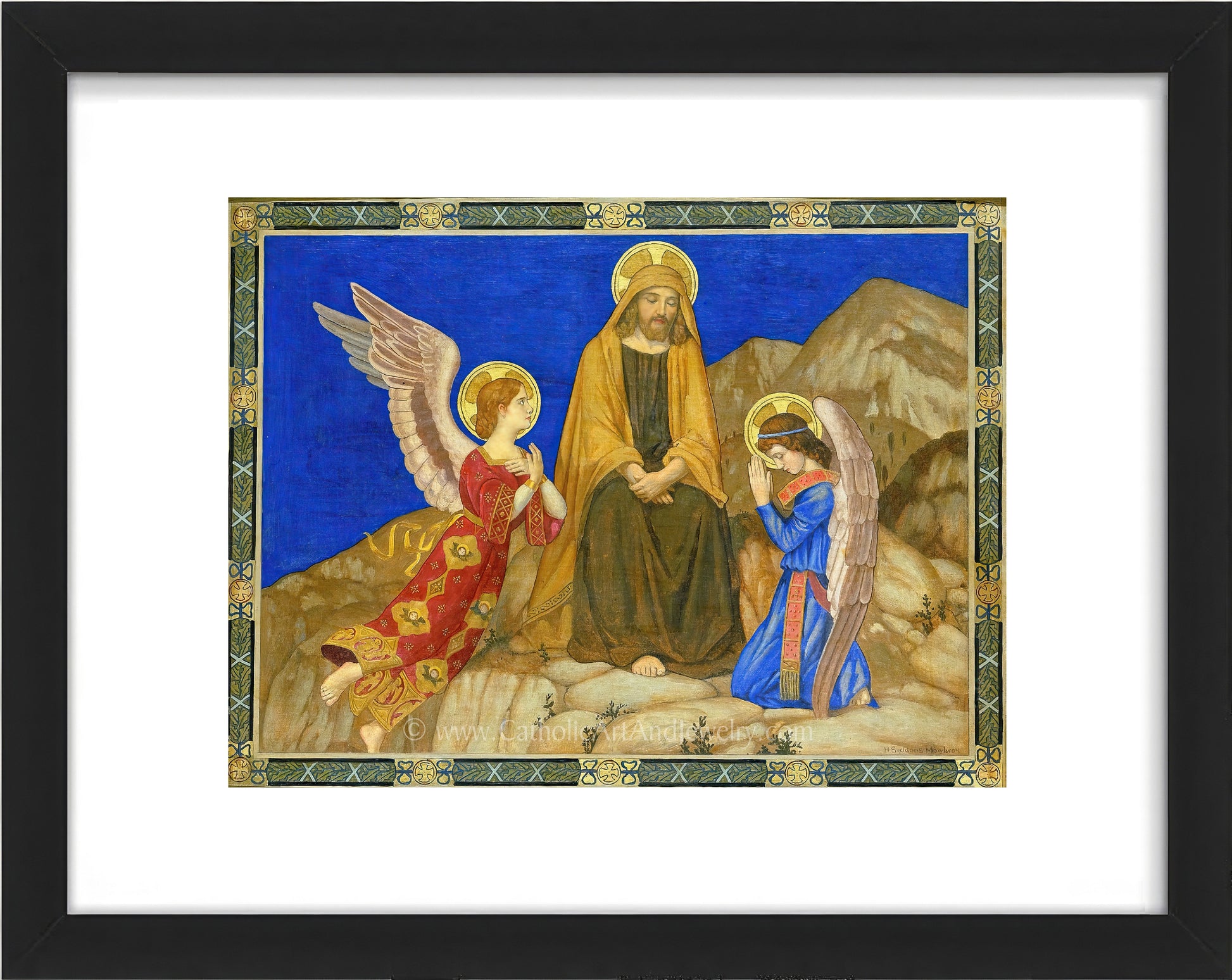 a painting of two angels sitting on top of a mountain