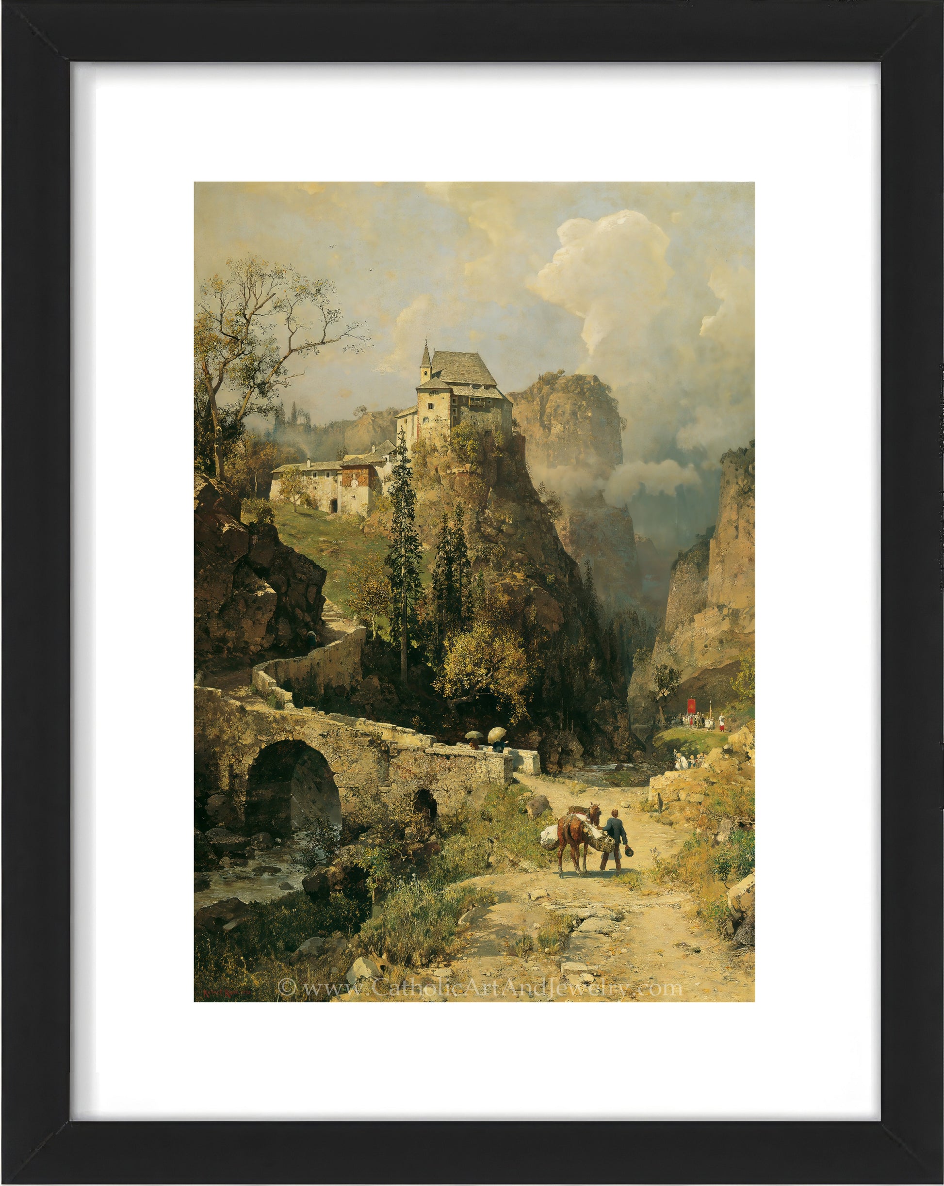 a painting of a mountain scene with a man and a horse