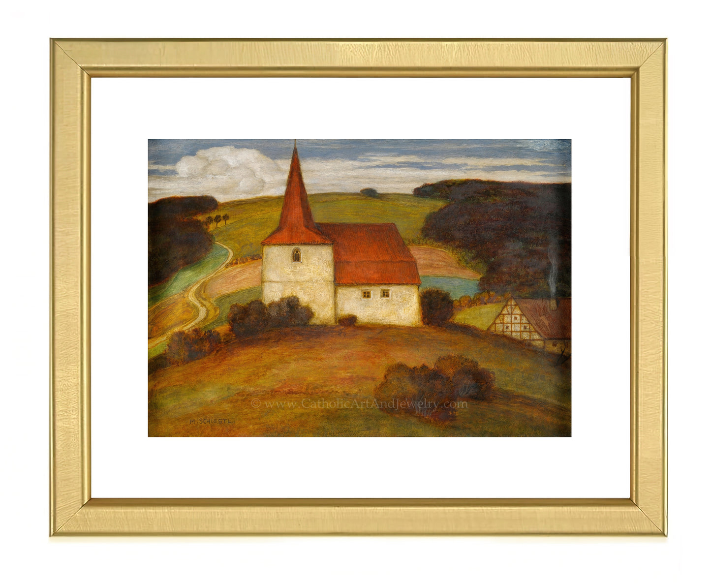 a painting of a church on a hill