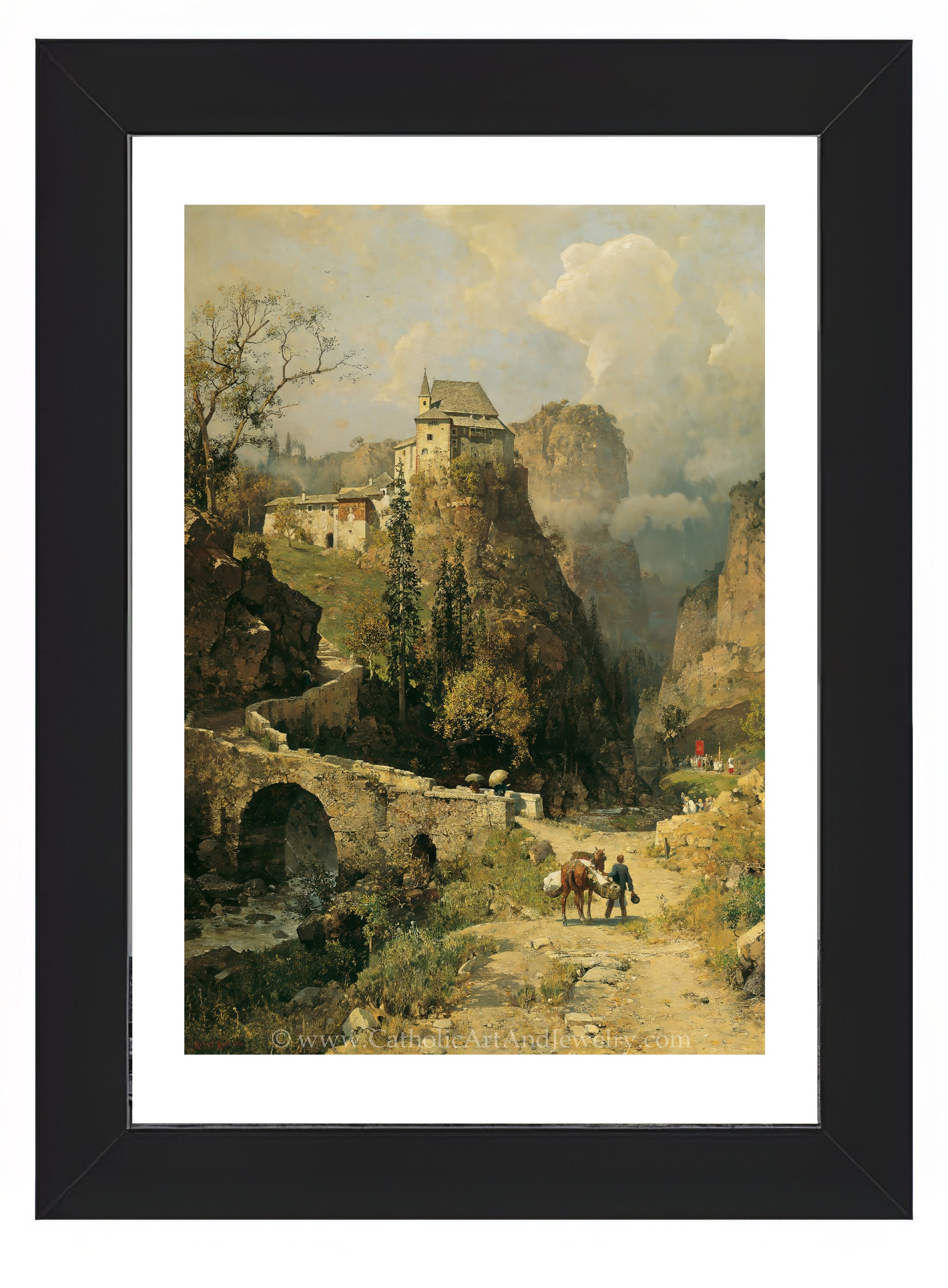 a painting of a mountain scene with a castle in the distance