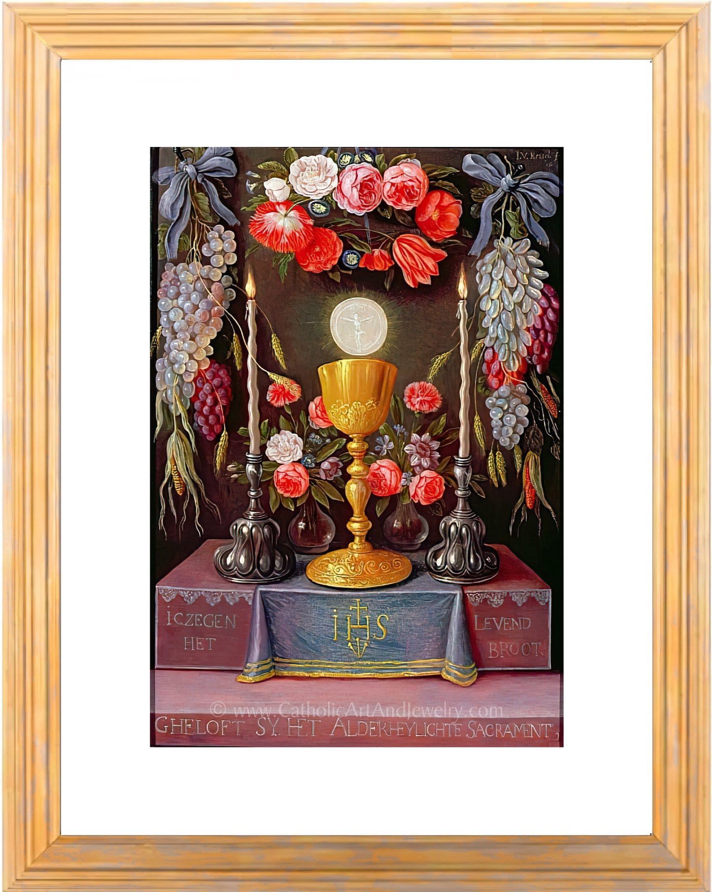 a painting of a golden chalice surrounded by flowers