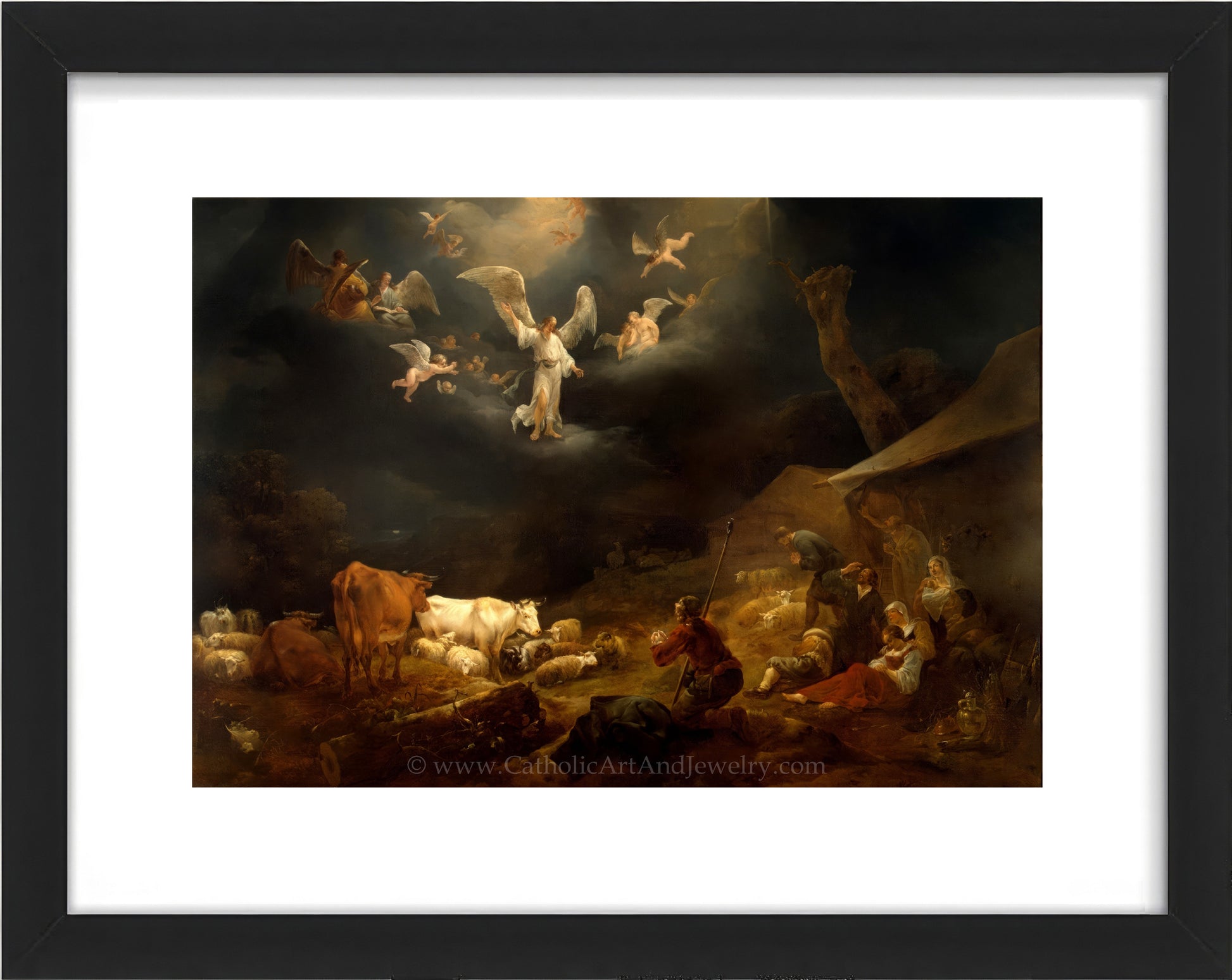 a painting of a nativity scene with angels and sheep