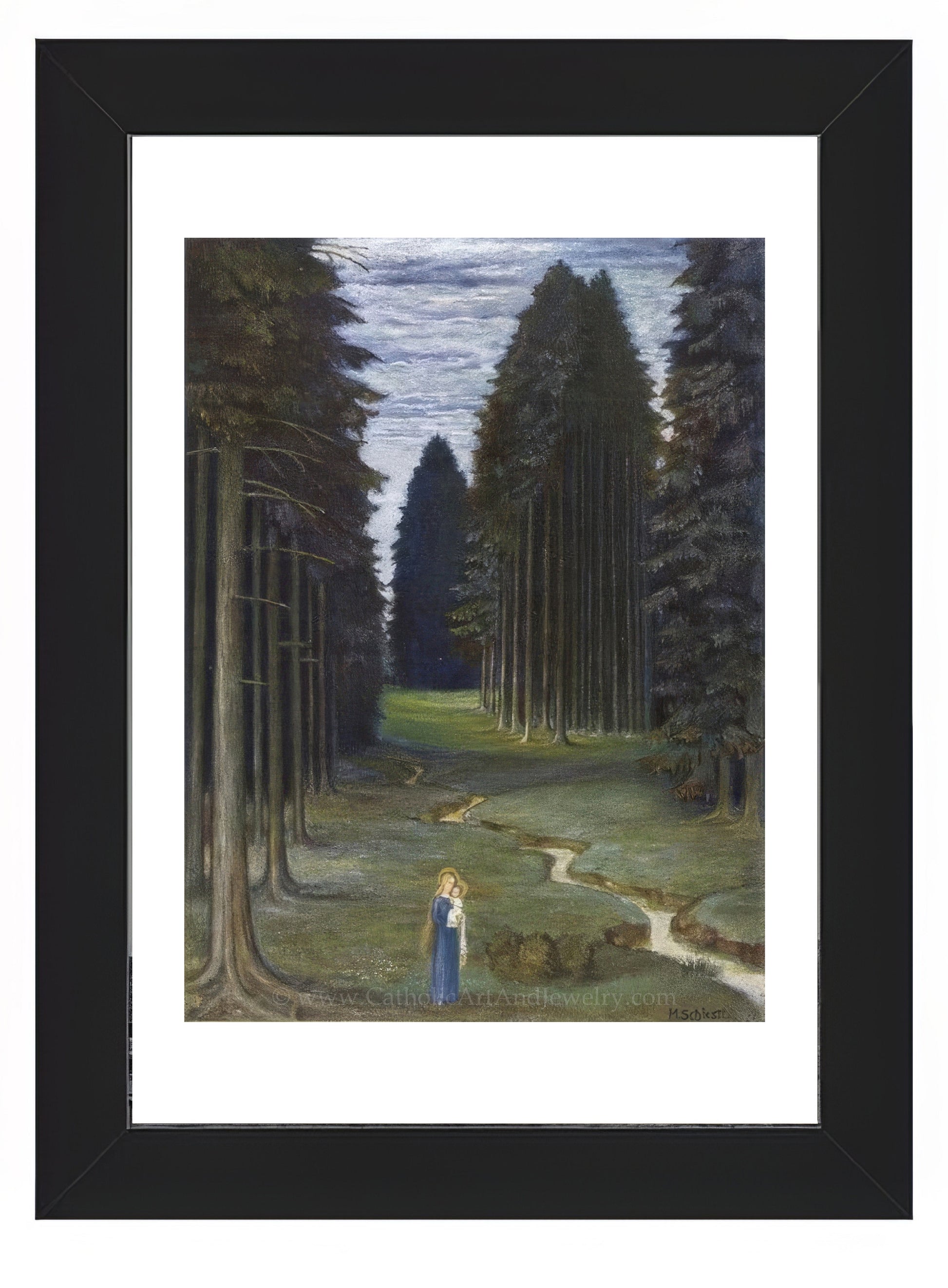 a painting of a person standing in the middle of a forest