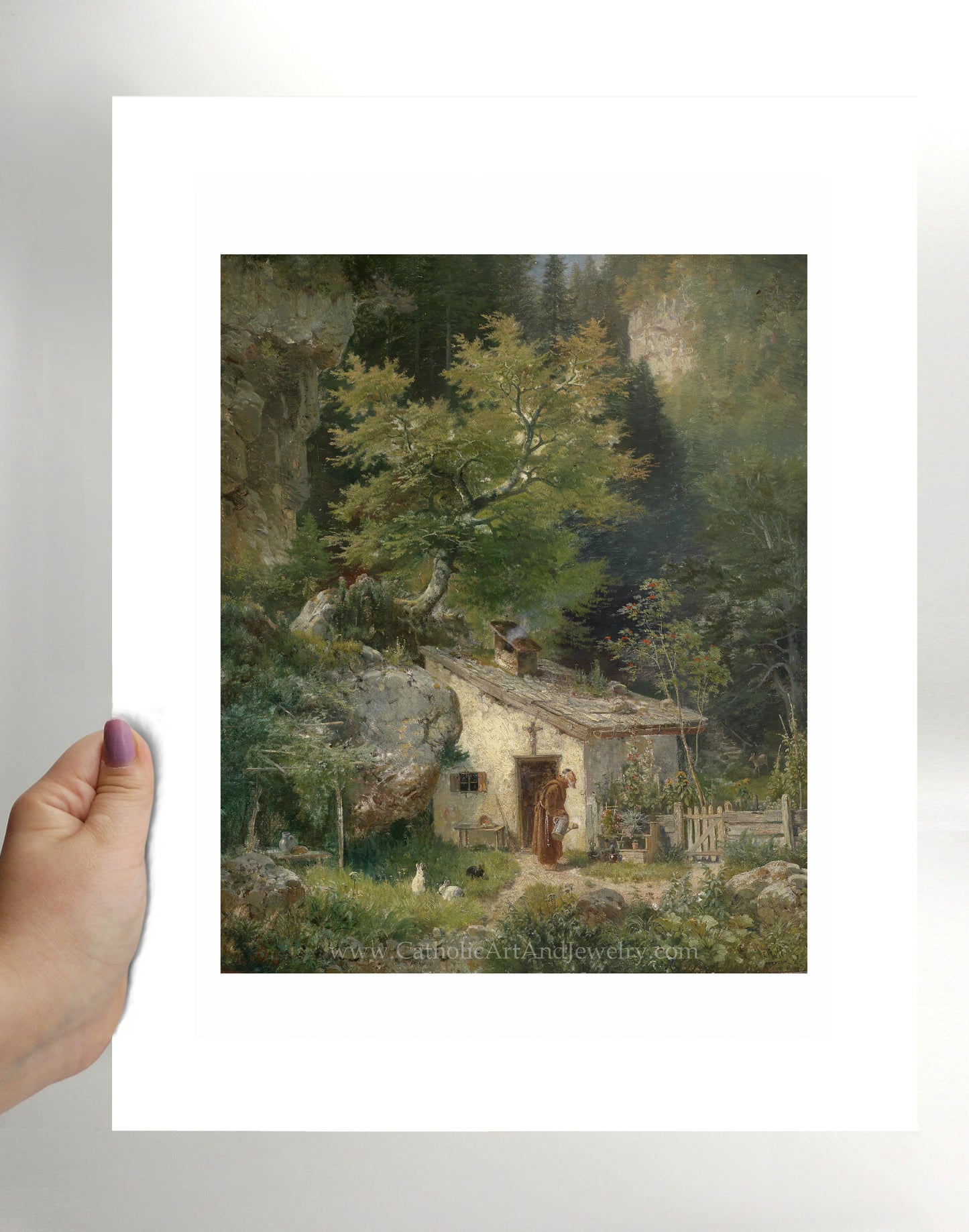 a painting of a cottage in a forest