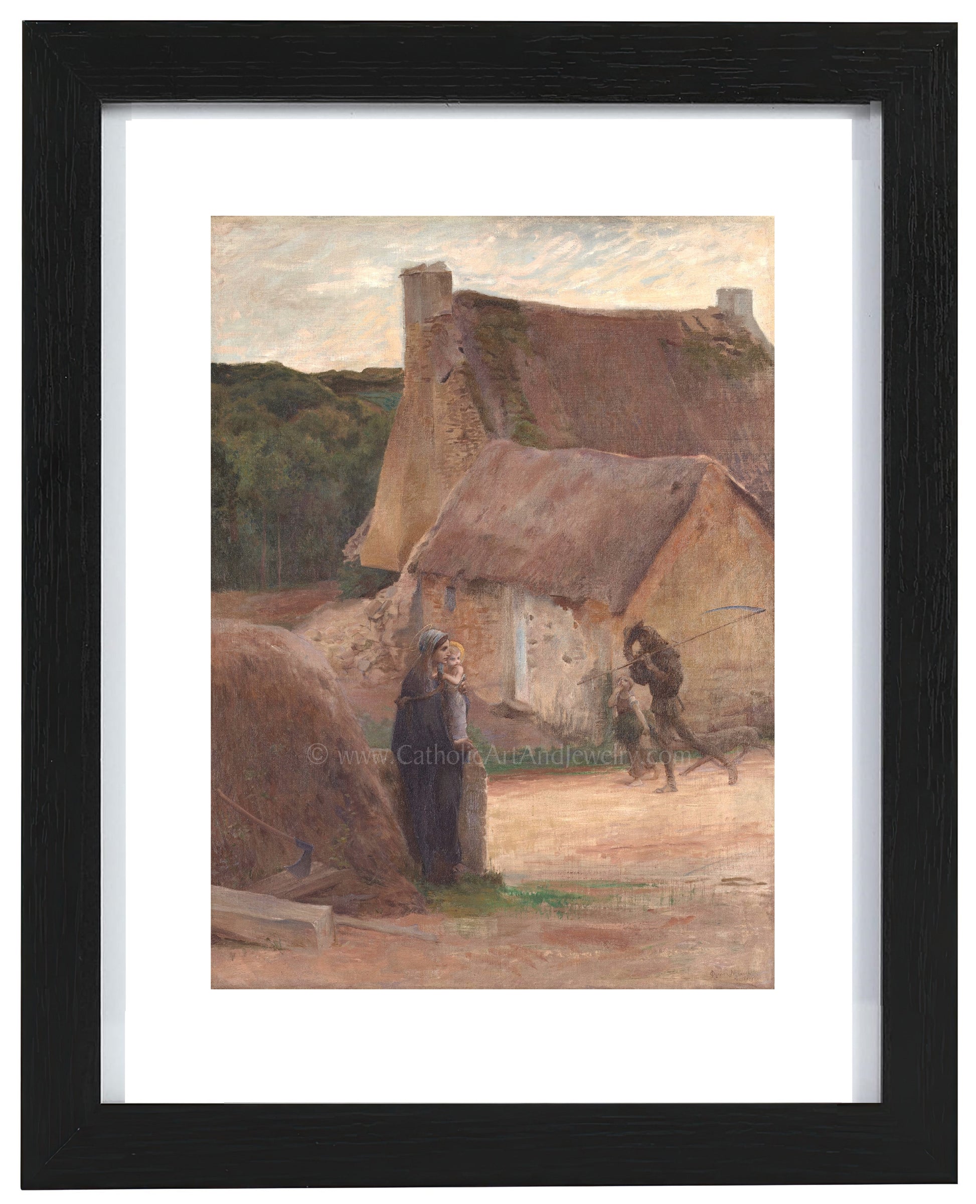 a painting of a man and a woman standing in front of a thatched house